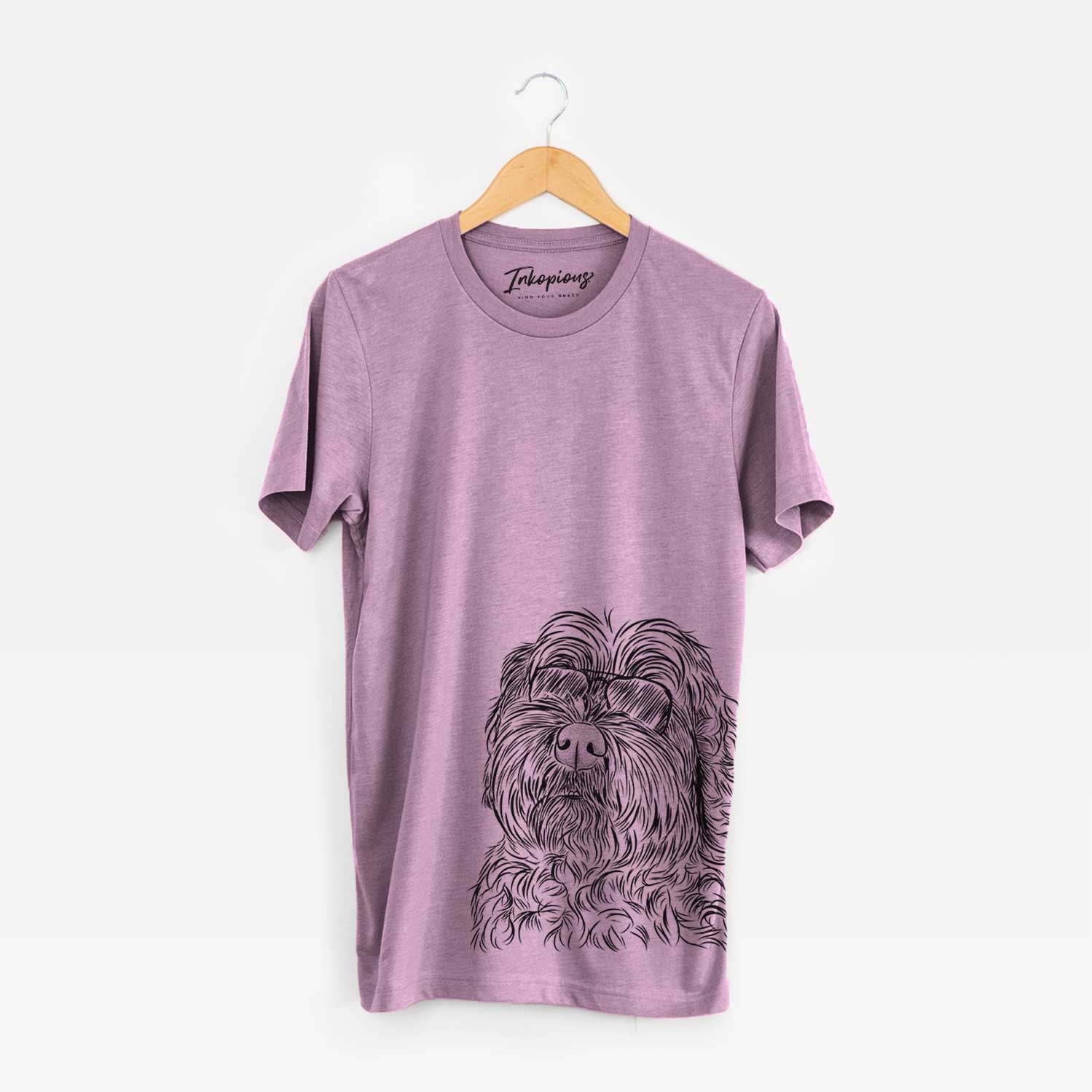 Hand-drawn sketch of Maggie Girl the Cockapoo wearing aviator sunglasses on an Orchid Bella Canvas Unisex Crewneck