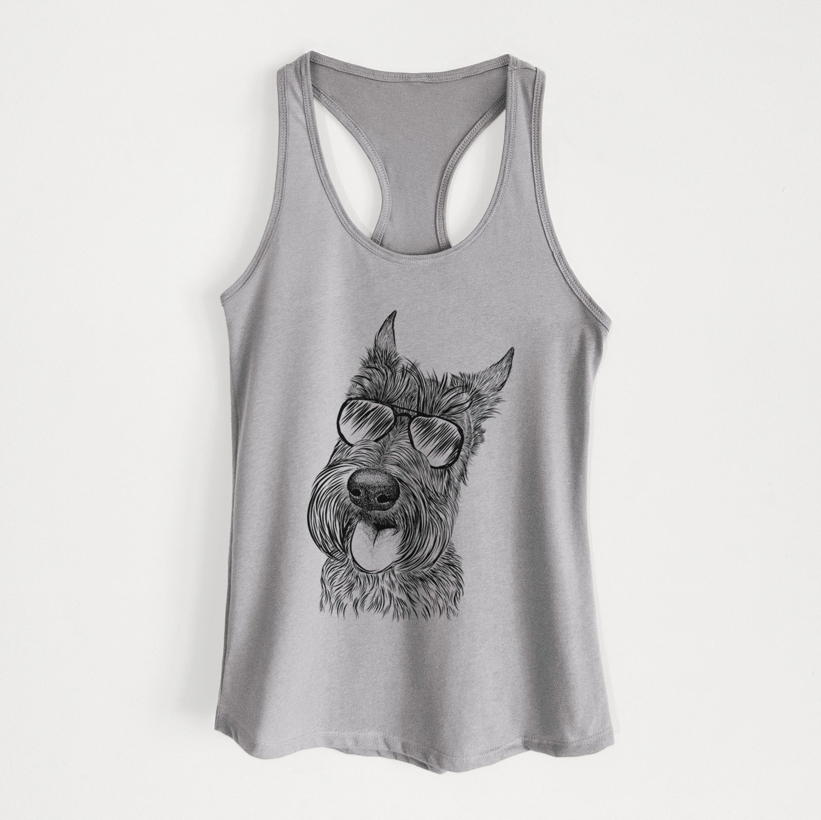 Hand-drawn sketch of Magnus the Scottish Terrier wearing aviator sunglasses on a Heather Grey Women's racerback tanktop