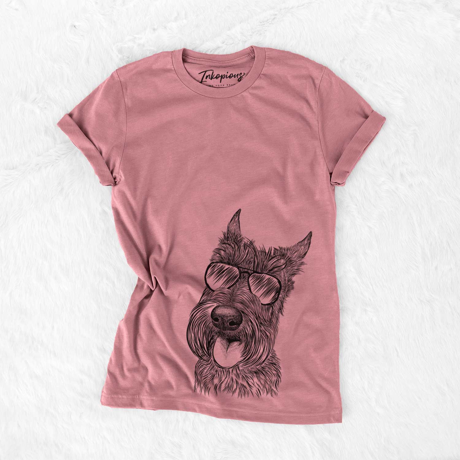 Hand-drawn sketch of Magnus the Scottish Terrier wearing aviator sunglasses on a Mauve Bella Canvas Unisex Crewneck