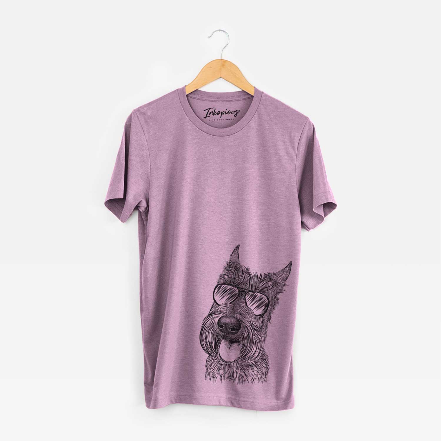 Hand-drawn sketch of Magnus the Scottish Terrier wearing aviator sunglasses on an Orchid Bella Canvas Unisex Crewneck