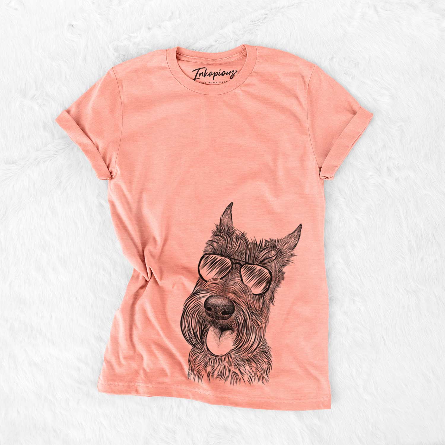 Hand-drawn sketch of Magnus the Scottish Terrier wearing aviator sunglasses on a Sunset Bella Canvas Unisex Crewneck