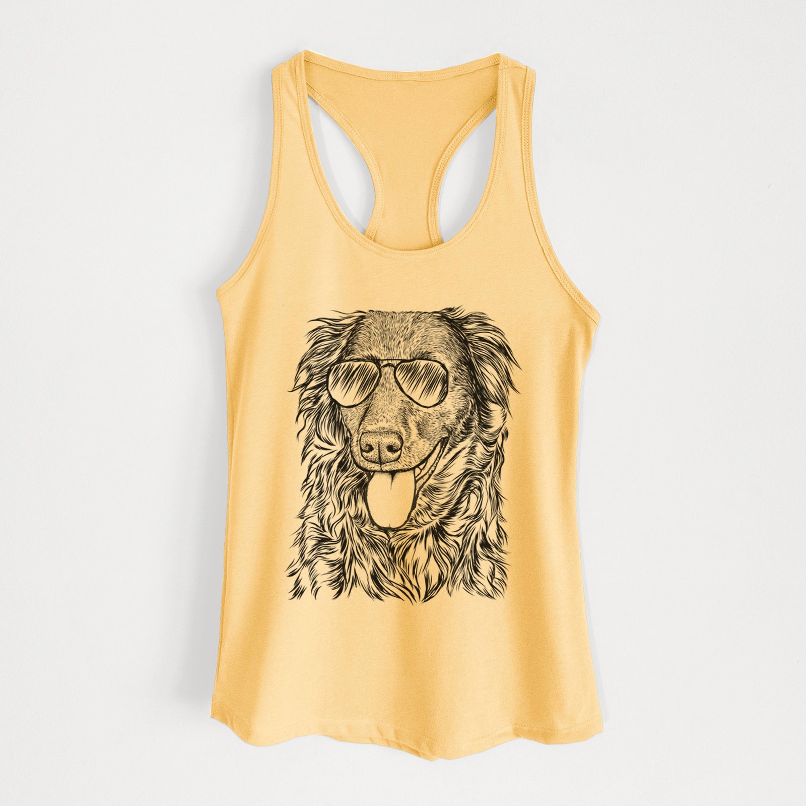 Hand-drawn sketch of Maisie Mae the Aussiedor wearing aviator sunglasses on a Banana Cream Women's racerback tanktop