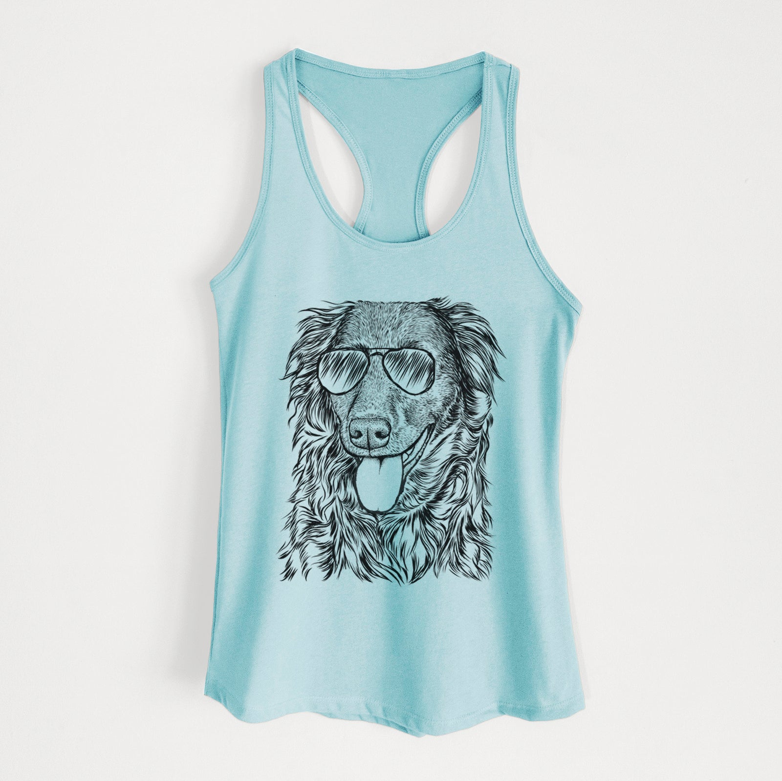Hand-drawn sketch of Maisie Mae the Aussiedor wearing aviator sunglasses on a Cancun Blue Women's racerback tanktop