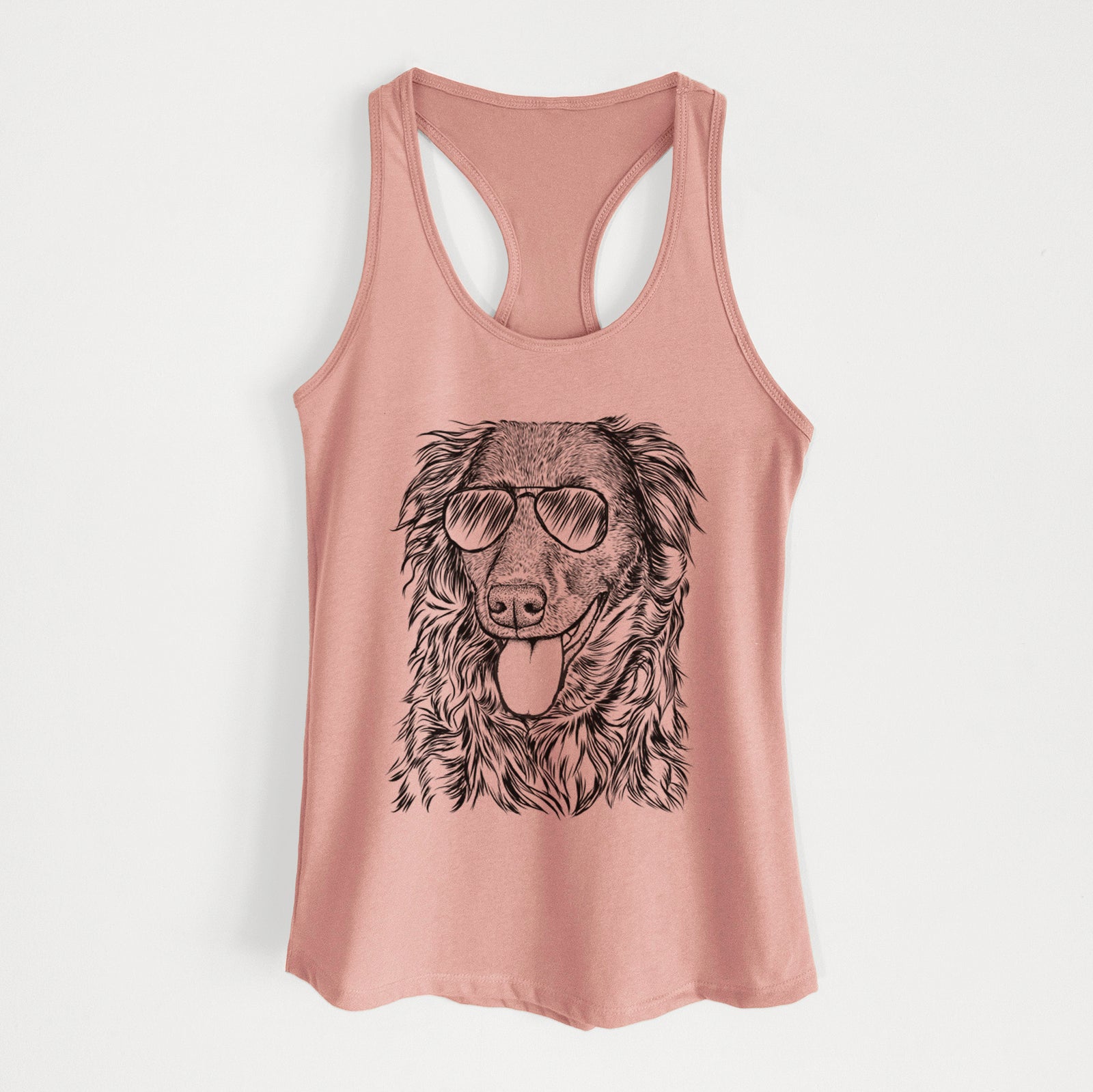 Hand-drawn sketch of Maisie Mae the Aussiedor wearing aviator sunglasses on a Desert Pink Women's racerback tanktop