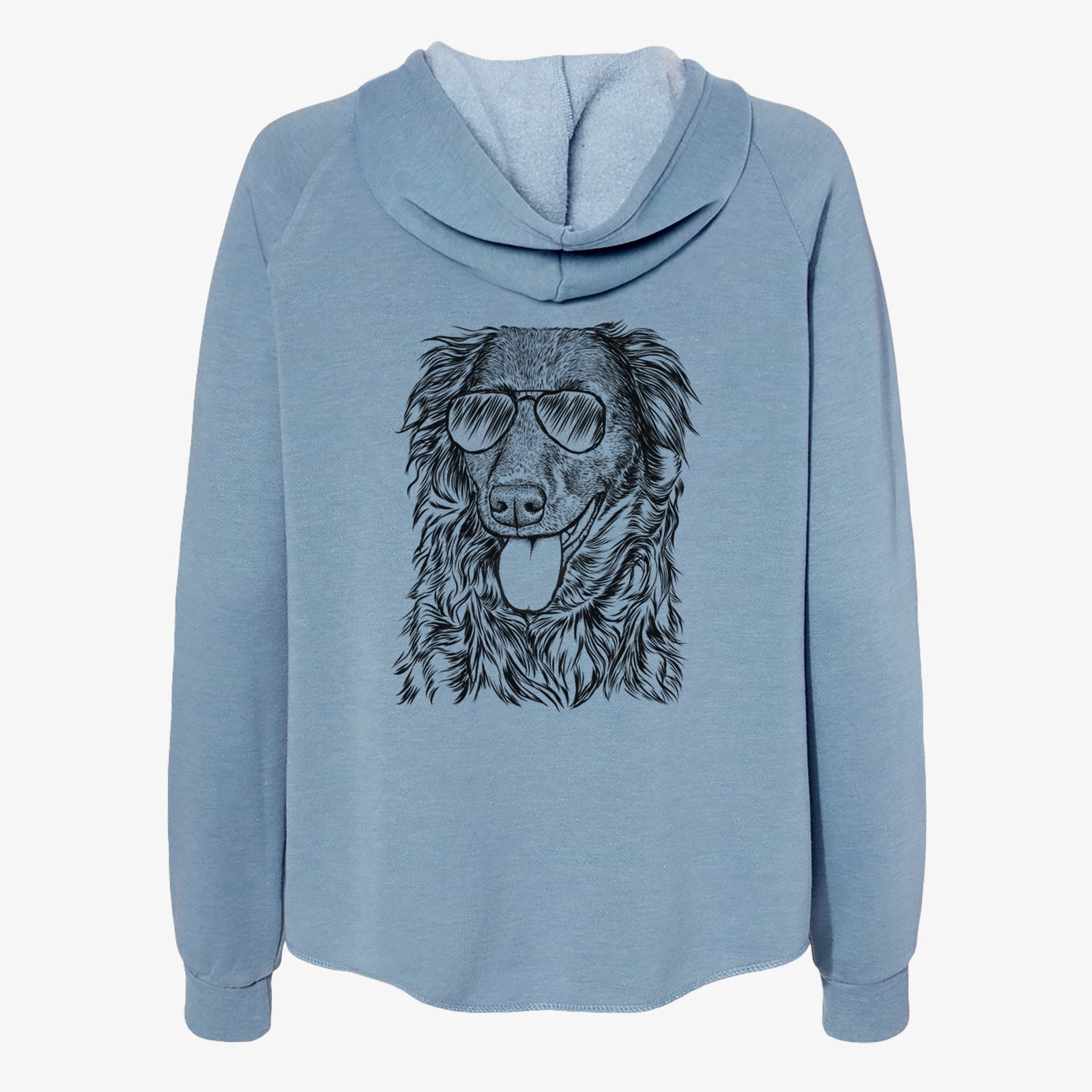Hand-drawn sketch of Maisie Mae the Aussiedor wearing aviator sunglasses on a Misty Blue Women's cali wave zip-up sweatshirt
