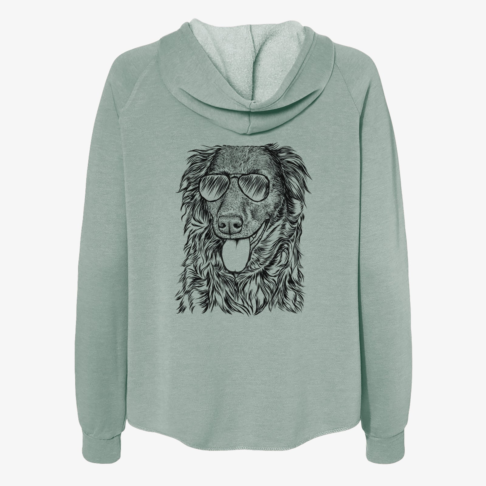 Hand-drawn sketch of Maisie Mae the Aussiedor wearing aviator sunglasses on a Sage Women's cali wave zip-up sweatshirt