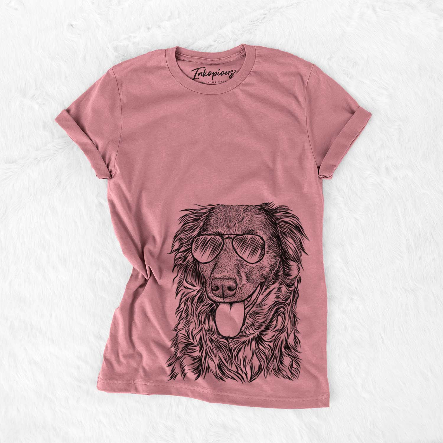 Hand-drawn sketch of Maisie the Aussiedor wearing aviator sunglasses on a Mauve Bella Canvas Unisex Crewneck