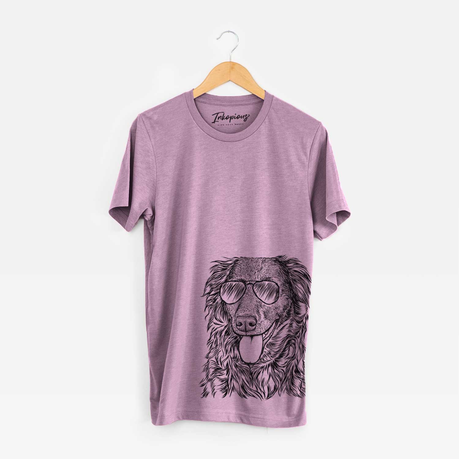 Hand-drawn sketch of Maisie the Aussiedor wearing aviator sunglasses on an Orchid Bella Canvas Unisex Crewneck