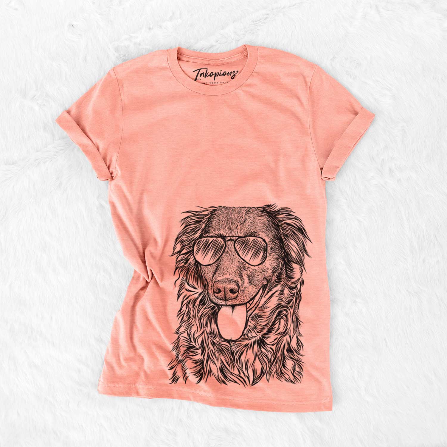 Hand-drawn sketch of Maisie the Aussiedor wearing aviator sunglasses on a Sunset Bella Canvas Unisex Crewneck