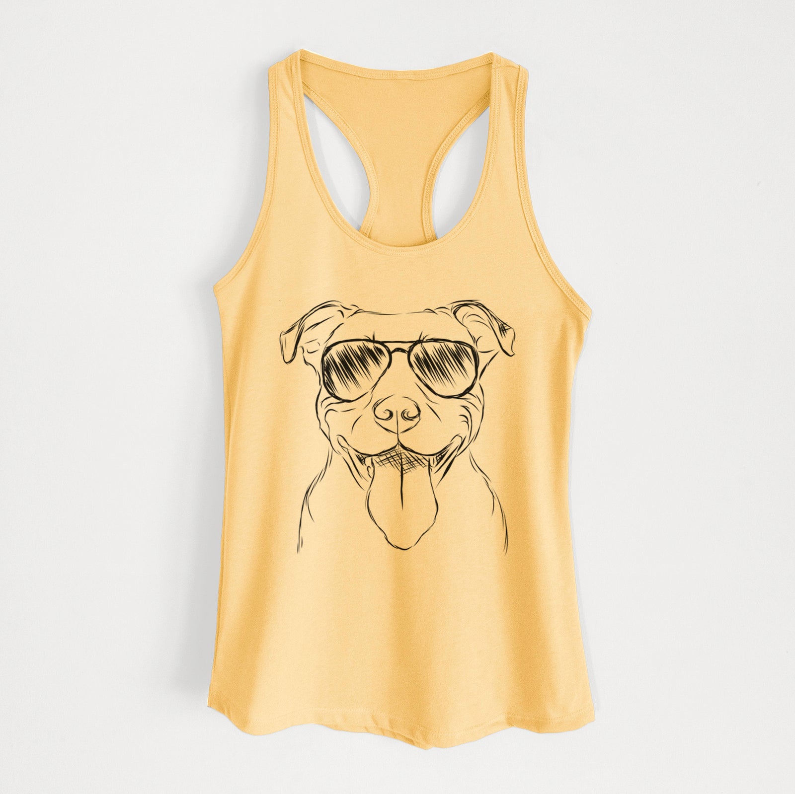 Hand-drawn sketch of Major the Pitbull wearing aviator sunglasses on a Banana Cream Women's racerback tanktop