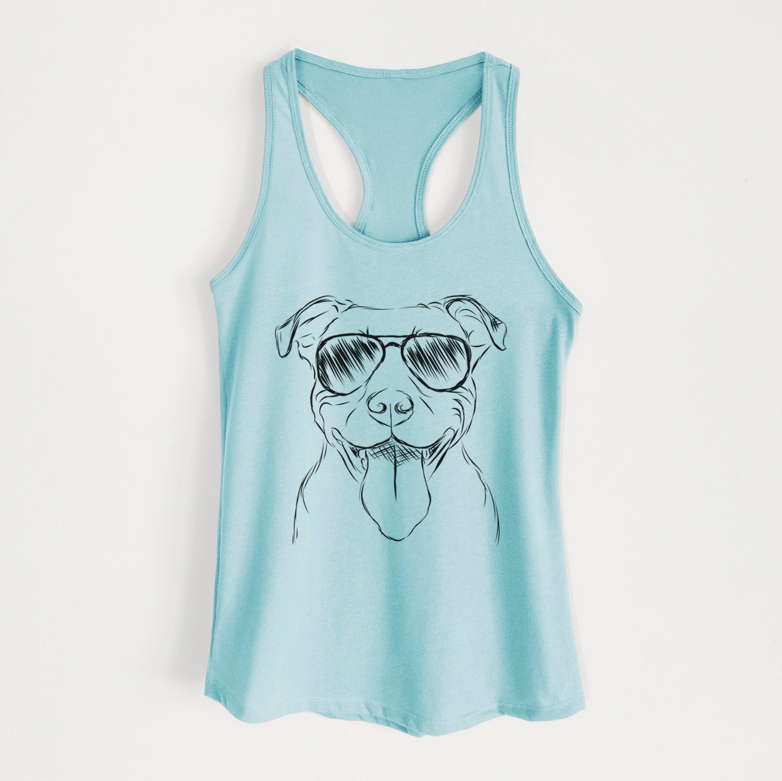 Hand-drawn sketch of Major the Pitbull wearing aviator sunglasses on a Cancun Blue Women's racerback tanktop