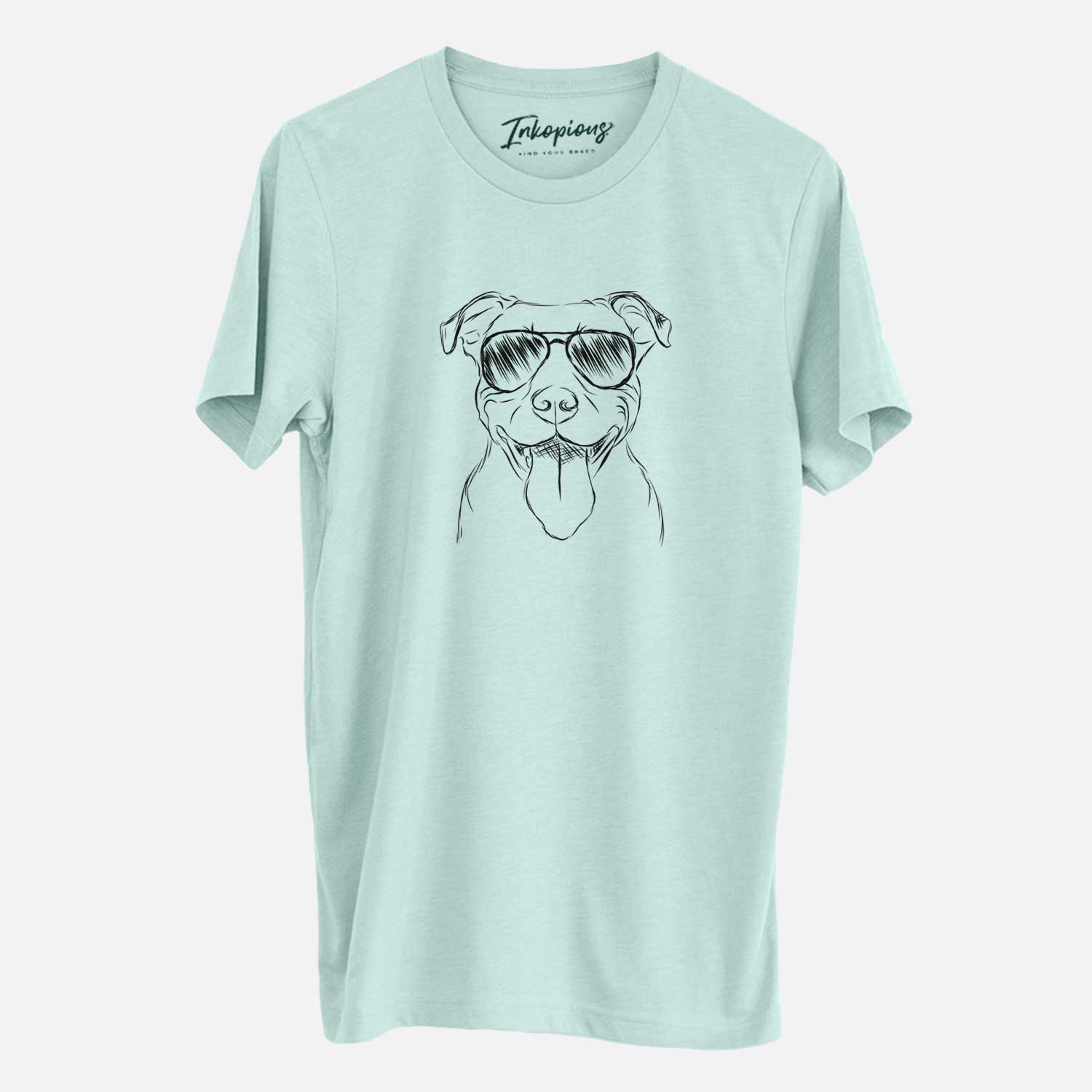 Hand-drawn sketch of Major the Pitbull wearing aviator sunglasses on a Heather Sage Unisex crewneck