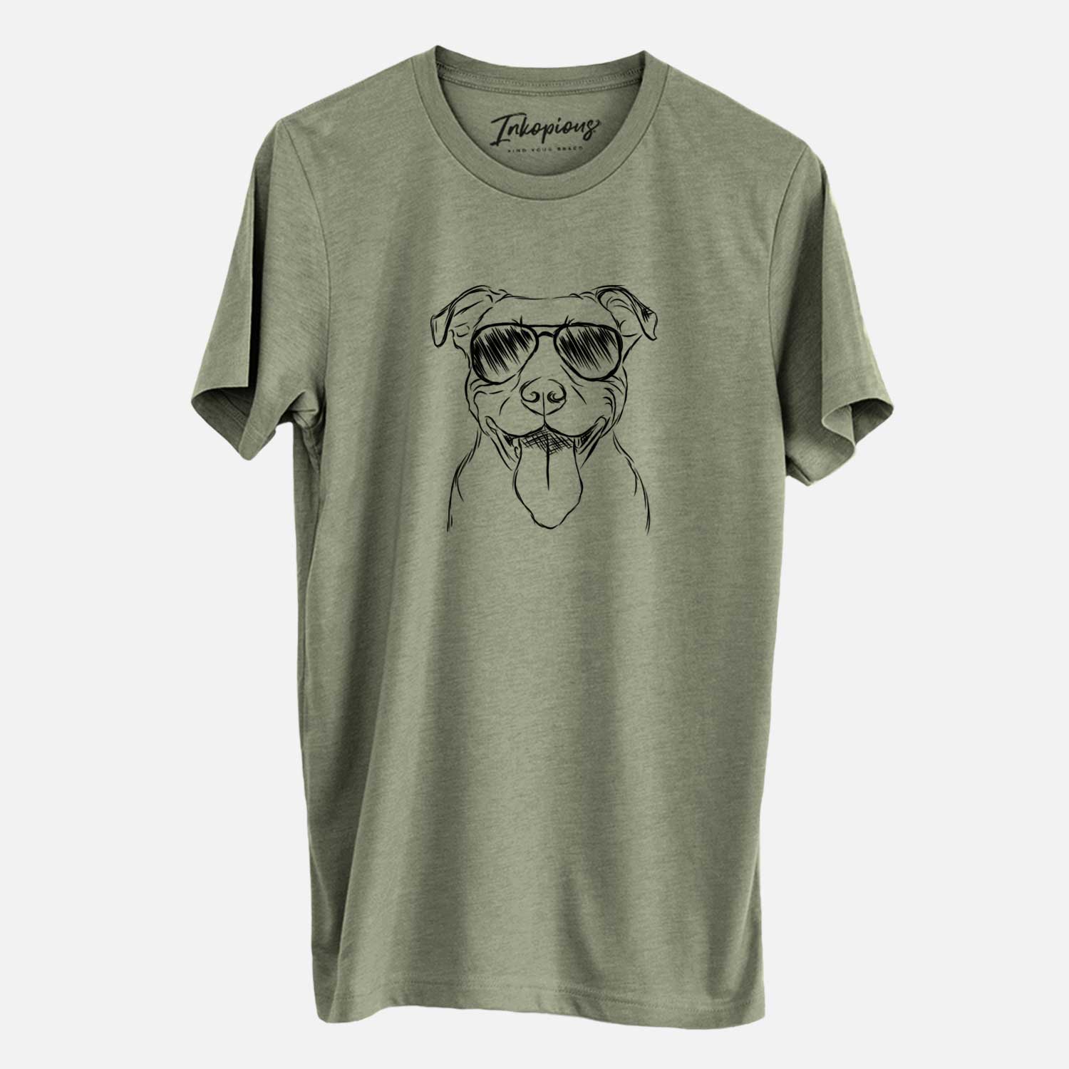 Hand-drawn sketch of Major the Pitbull wearing aviator sunglasses on an Olive Unisex crewneck