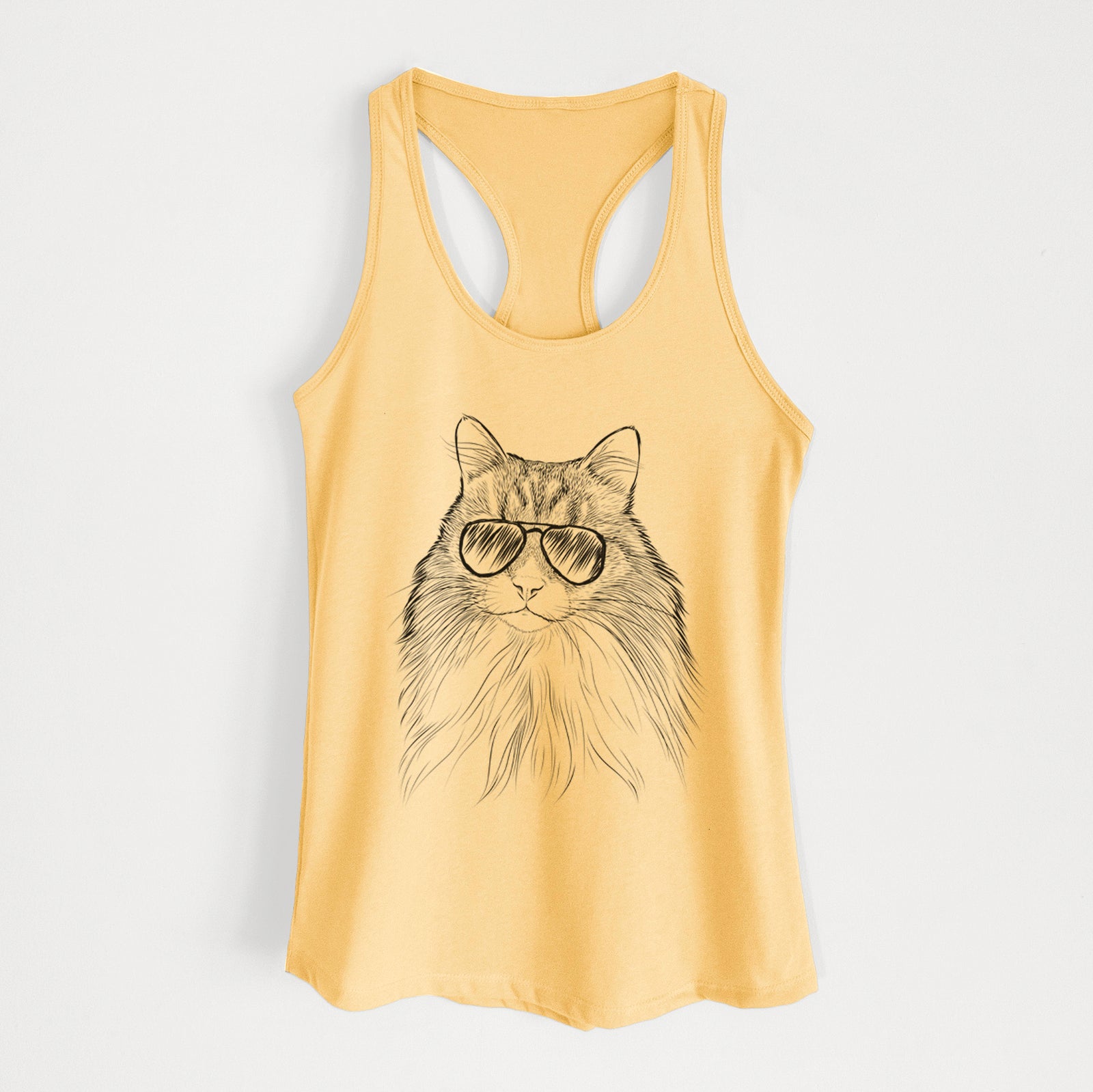 Hand-drawn sketch of Maks the Siberian Cat wearing aviator sunglasses on a Banana Cream Women's racerback tanktop