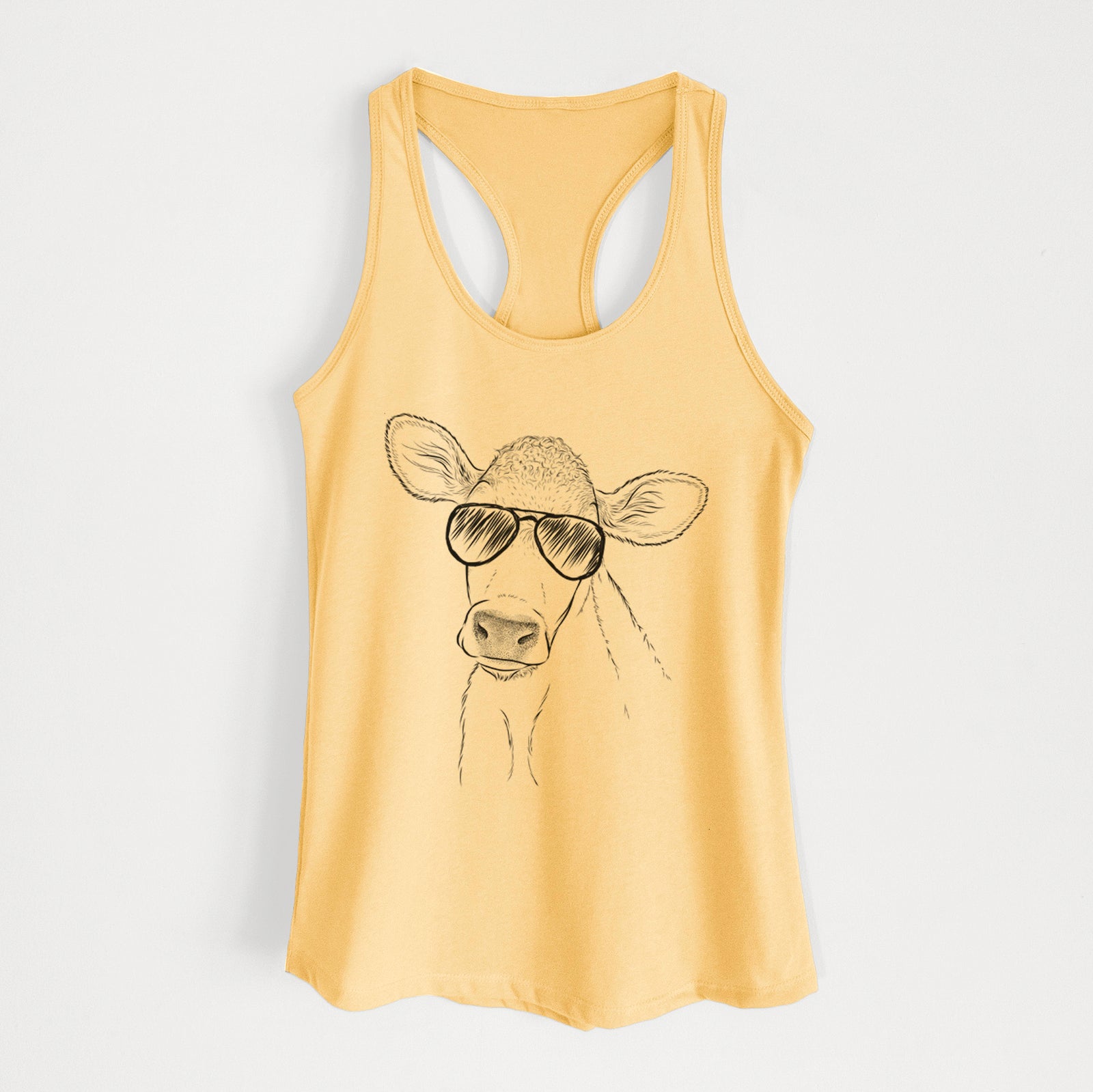 Hand-drawn sketch of Malu the Cow wearing aviator sunglasses on a Banana Cream Women's racerback tanktop