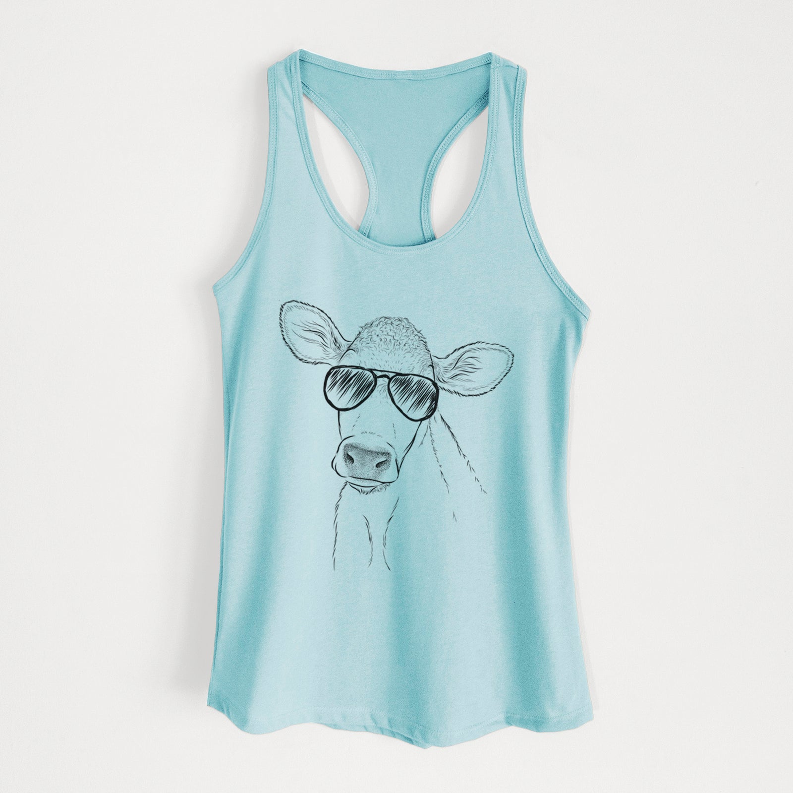 Hand-drawn sketch of Malu the Cow wearing aviator sunglasses on a Cancun Blue Women's racerback tanktop