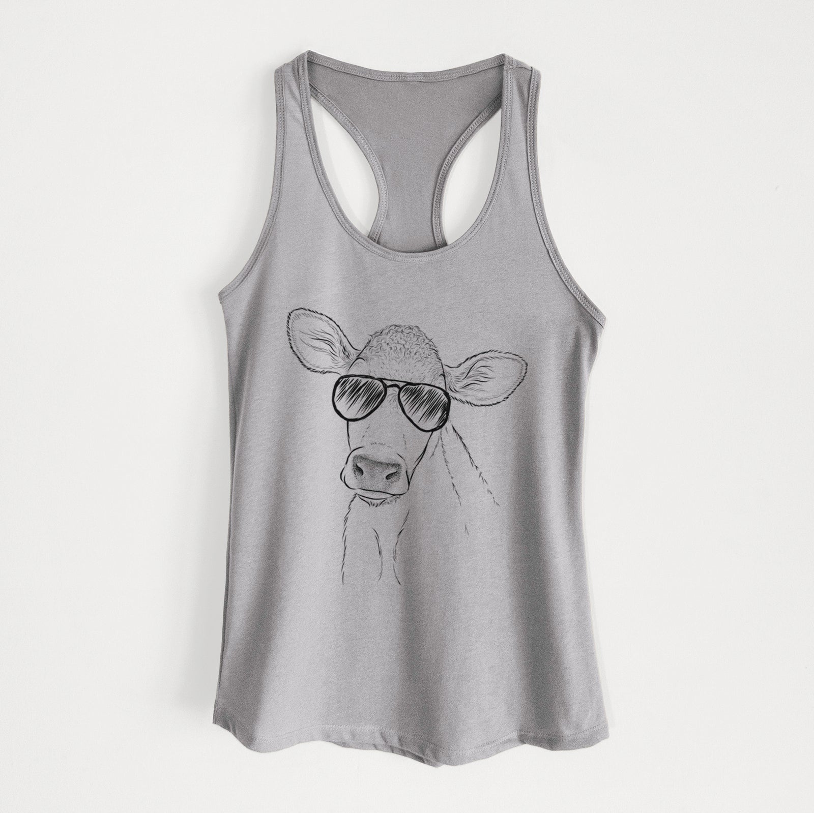 Hand-drawn sketch of Malu the Cow wearing aviator sunglasses on a Heather Grey Women's racerback tanktop