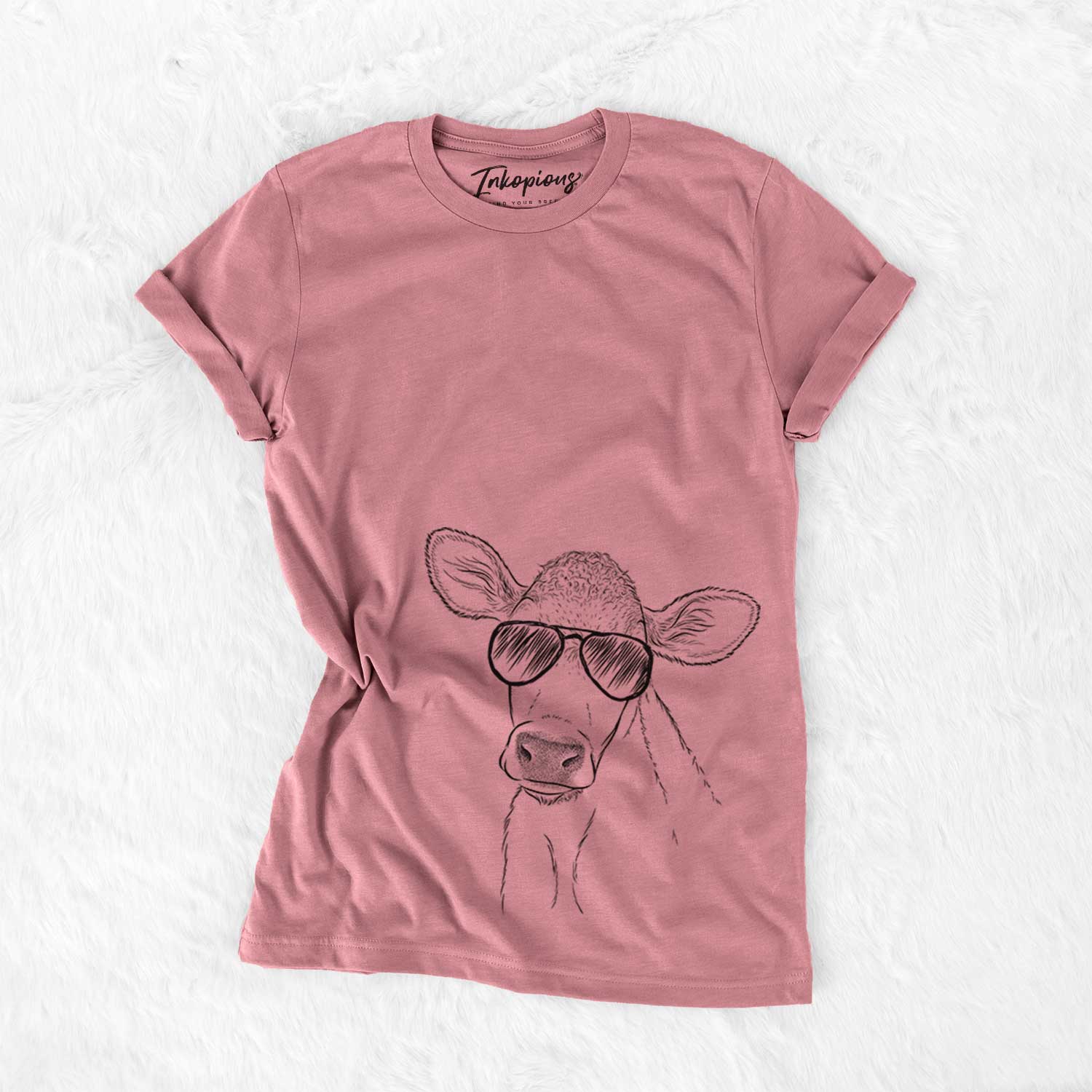 Hand-drawn sketch of Malu the Cow wearing aviator sunglasses on a Mauve Bella Canvas Unisex Crewneck