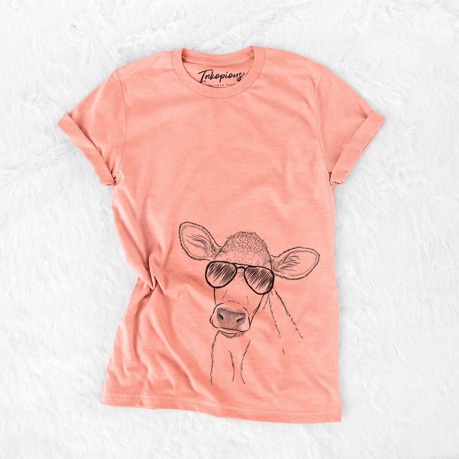 Hand-drawn sketch of Malu the Cow wearing aviator sunglasses on a Sunset Bella Canvas Unisex Crewneck