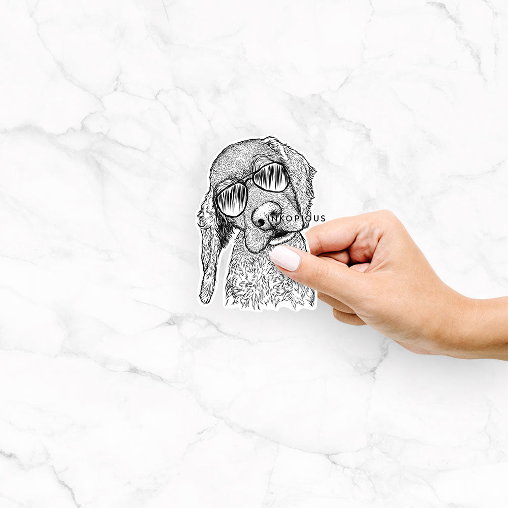 Hand-drawn sketch of Mambo #5 the Cocker Spaniel wearing aviator sunglasses on a decal sticker