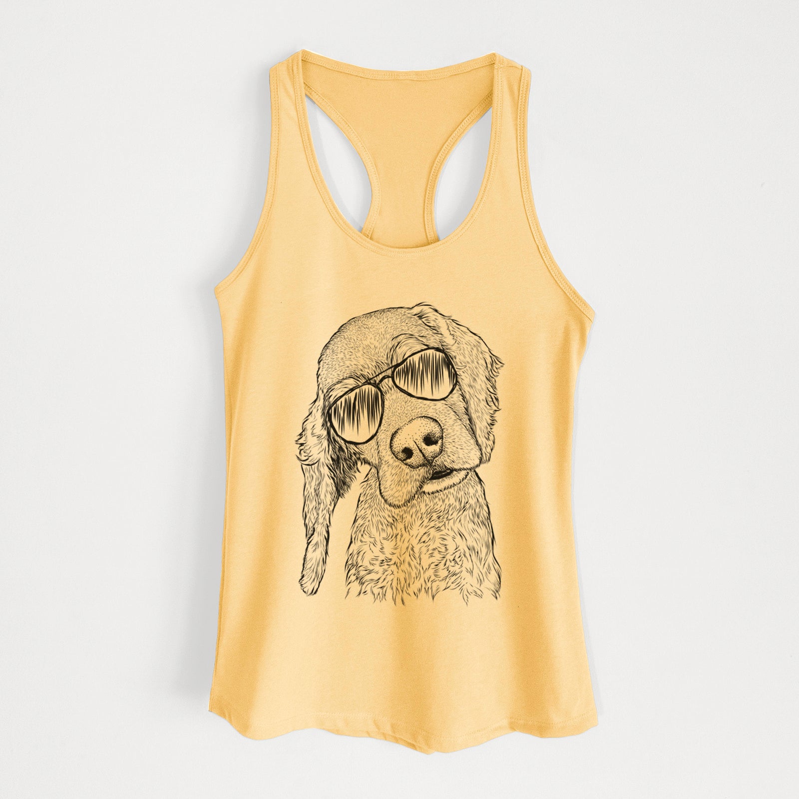 Hand-drawn sketch of Mambo #5 the Cocker Spaniel wearing aviator sunglasses on a Banana Cream Women's racerback tanktop