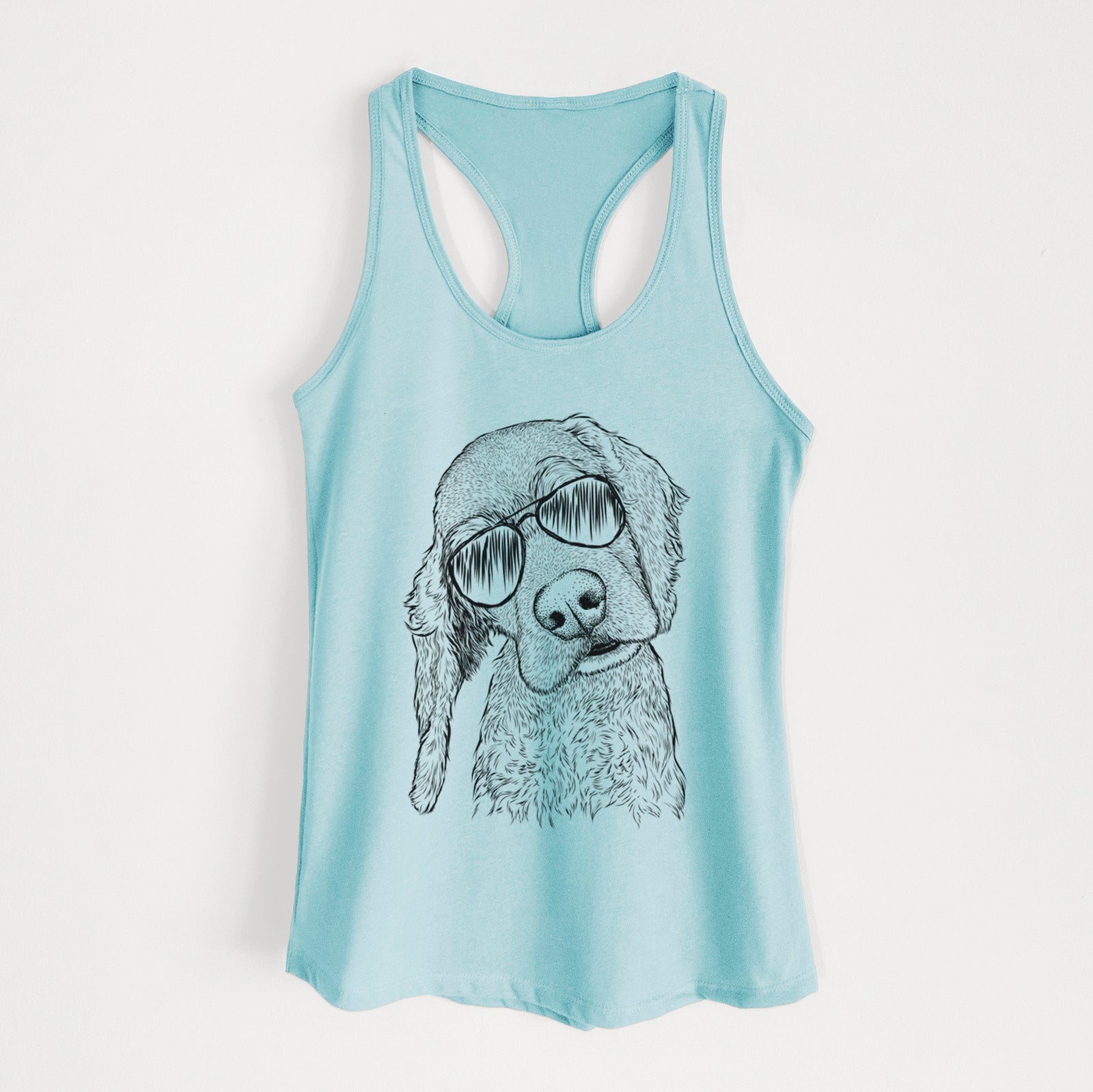 Hand-drawn sketch of Mambo #5 the Cocker Spaniel wearing aviator sunglasses on a Cancun Blue Women's racerback tanktop