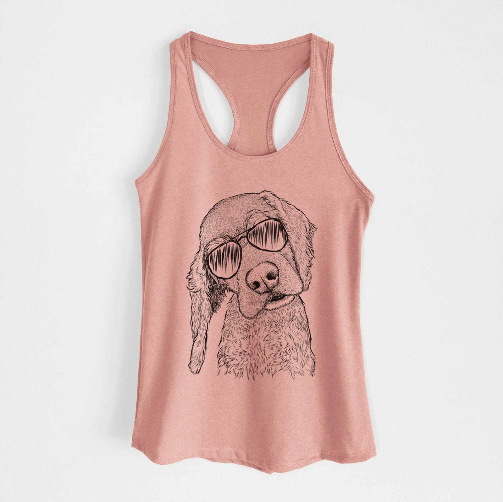 Hand-drawn sketch of Mambo #5 the Cocker Spaniel wearing aviator sunglasses on a Desert Pink Women's racerback tanktop