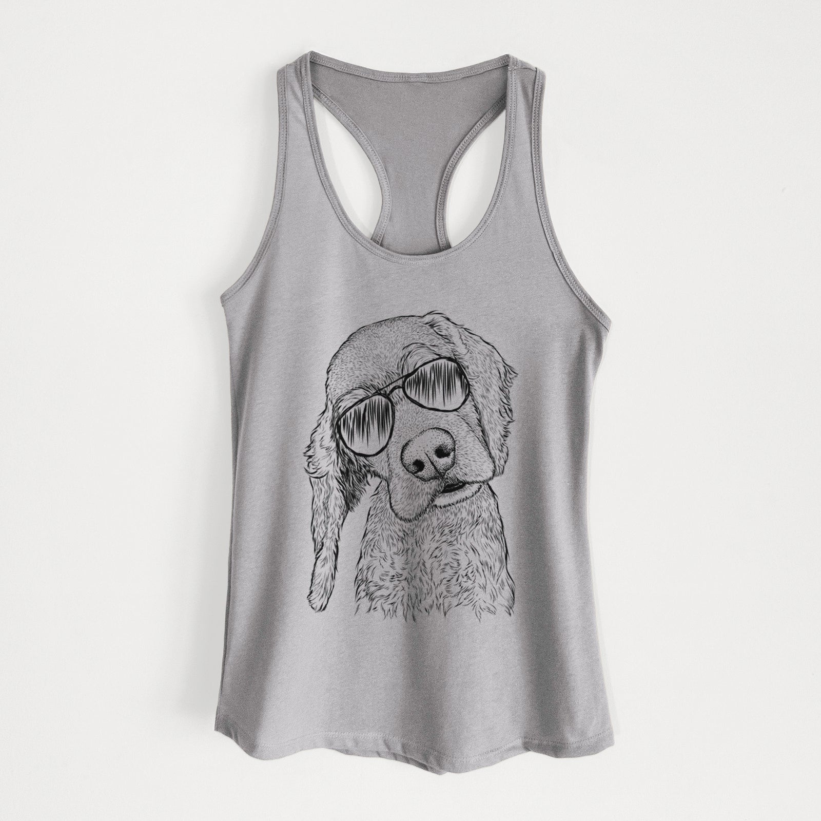 Hand-drawn sketch of Mambo #5 the Cocker Spaniel wearing aviator sunglasses on a Heather Grey Women's racerback tanktop