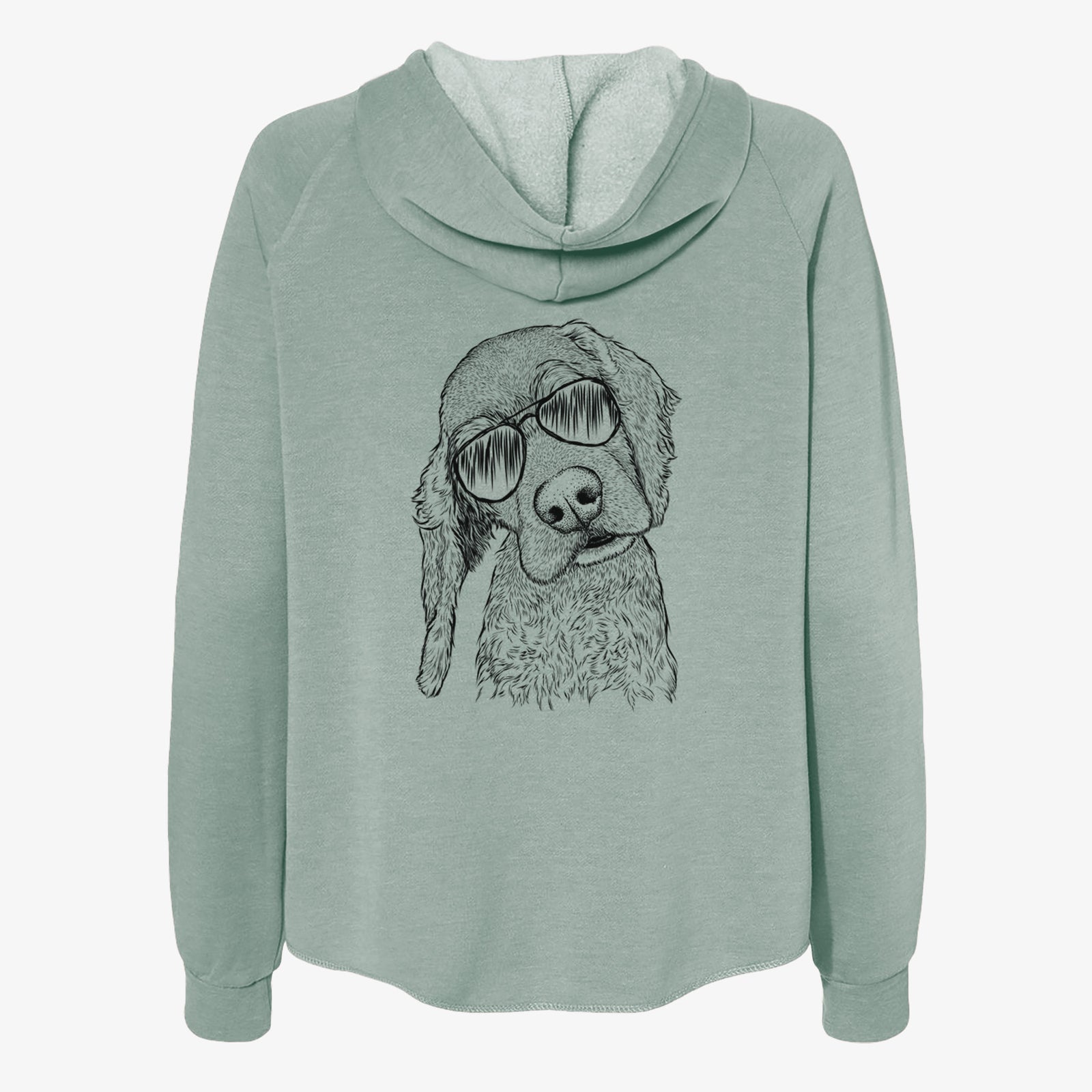 Hand-drawn sketch of Mambo #5 the Cocker Spaniel wearing aviator sunglasses on a Sage Women's cali wave zip-up sweatshirt
