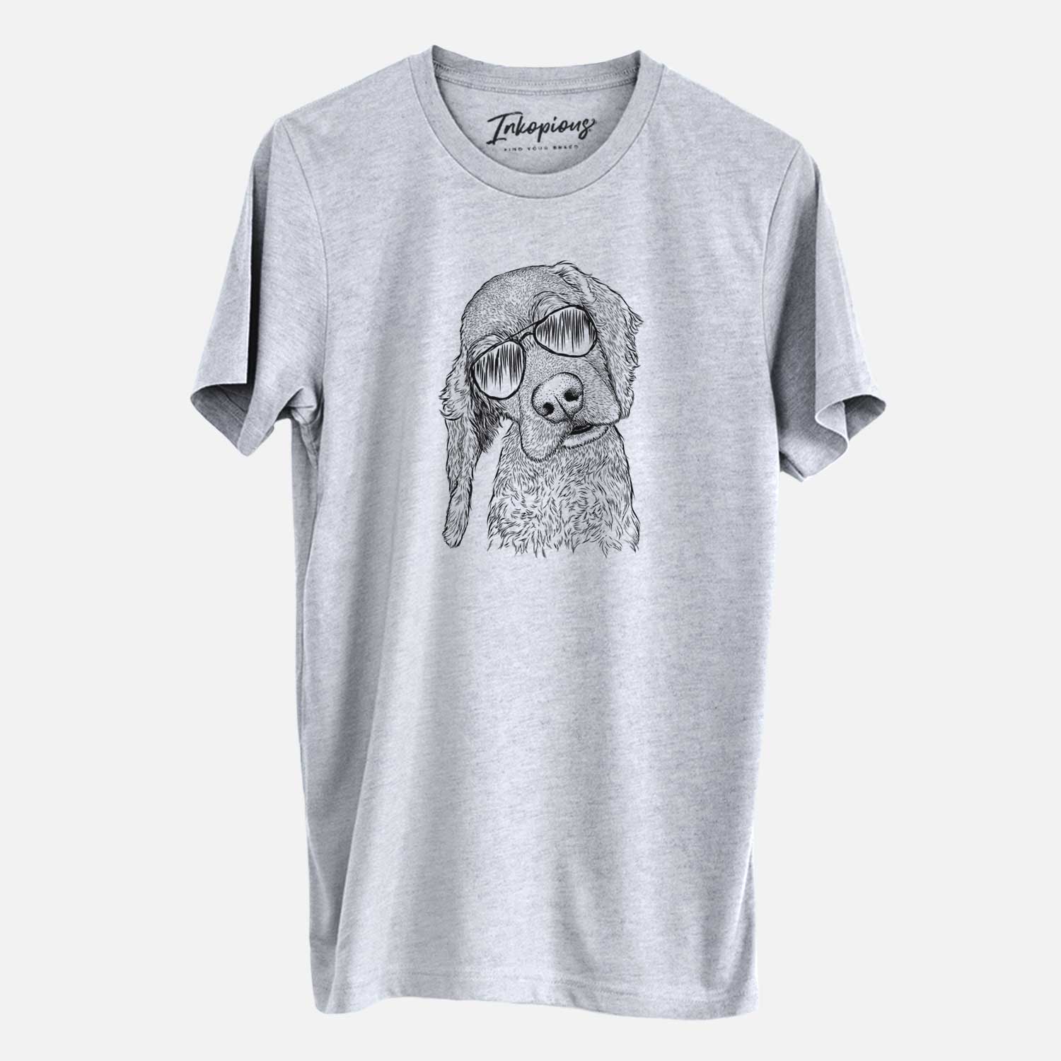 Hand-drawn sketch of Mambo #5 the Cocker Spaniel wearing aviator sunglasses on a Grey Unisex crewneck