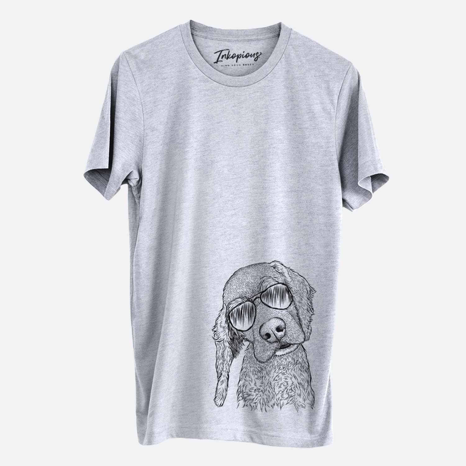 Hand-drawn sketch of Mambo #5 the Cocker Spaniel wearing aviator sunglasses on a Grey Unisex crewneck