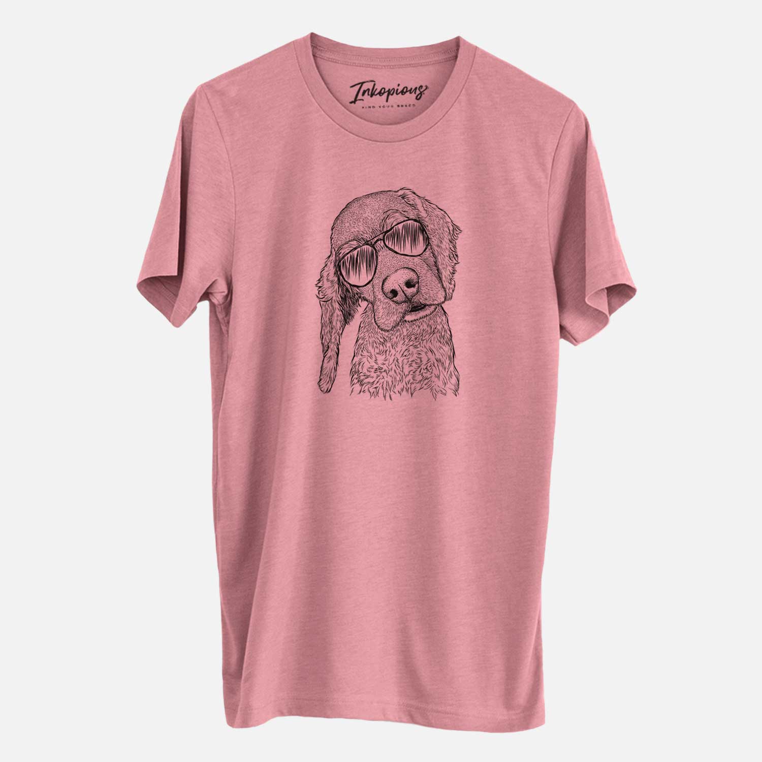 Hand-drawn sketch of Mambo #5 the Cocker Spaniel wearing aviator sunglasses on a Mauve Unisex crewneck