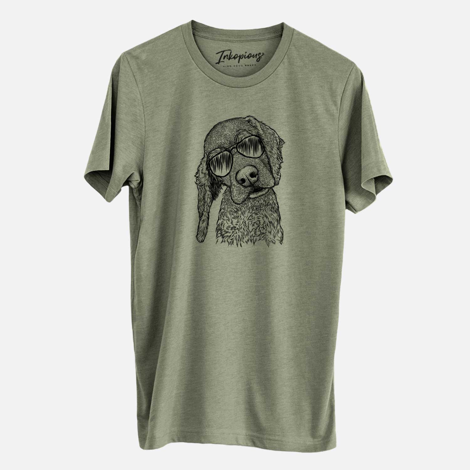 Hand-drawn sketch of Mambo #5 the Cocker Spaniel wearing aviator sunglasses on an Olive Unisex crewneck