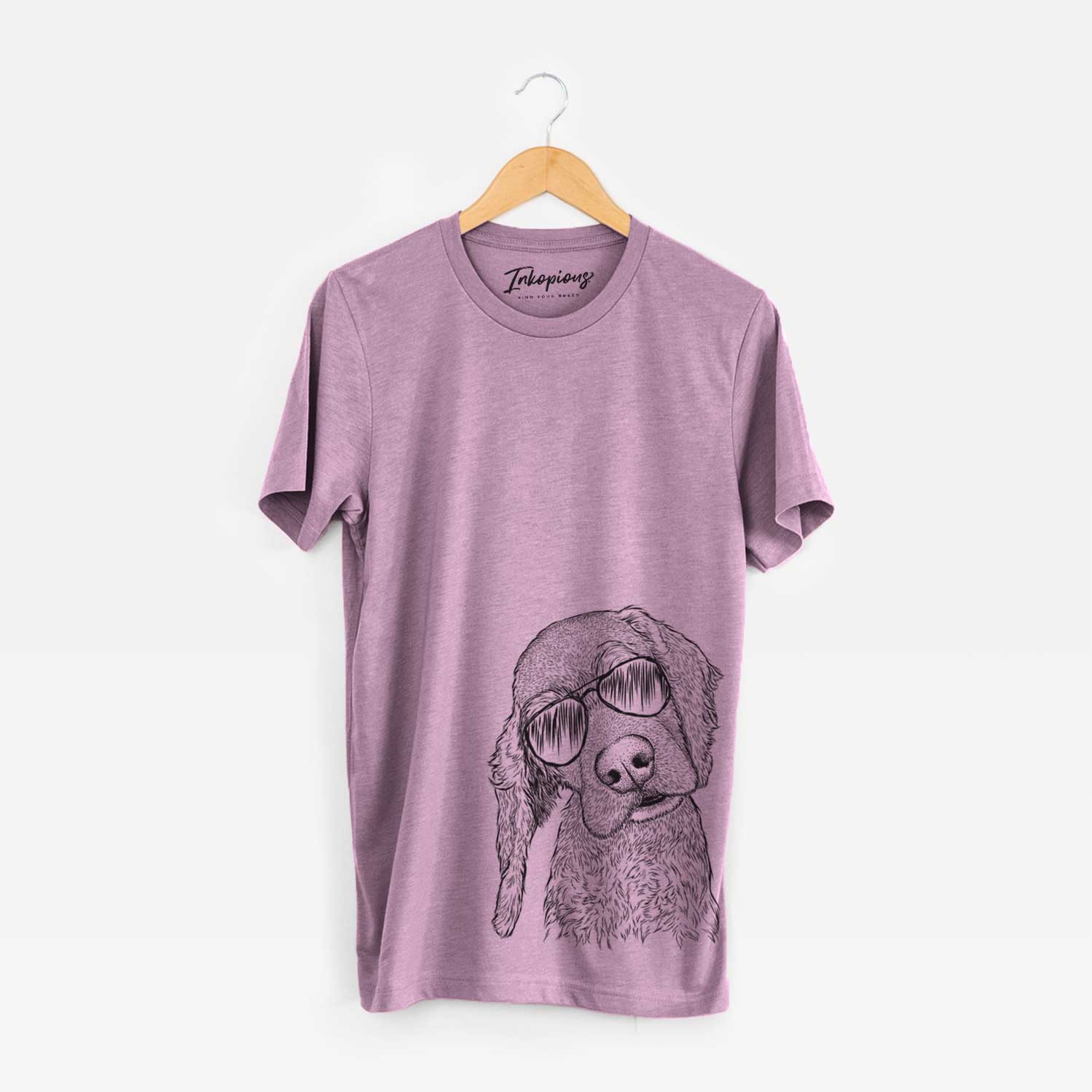 Hand-drawn sketch of Mambo #5 the Cocker Spaniel wearing aviator sunglasses on an Orchid Unisex crewneck