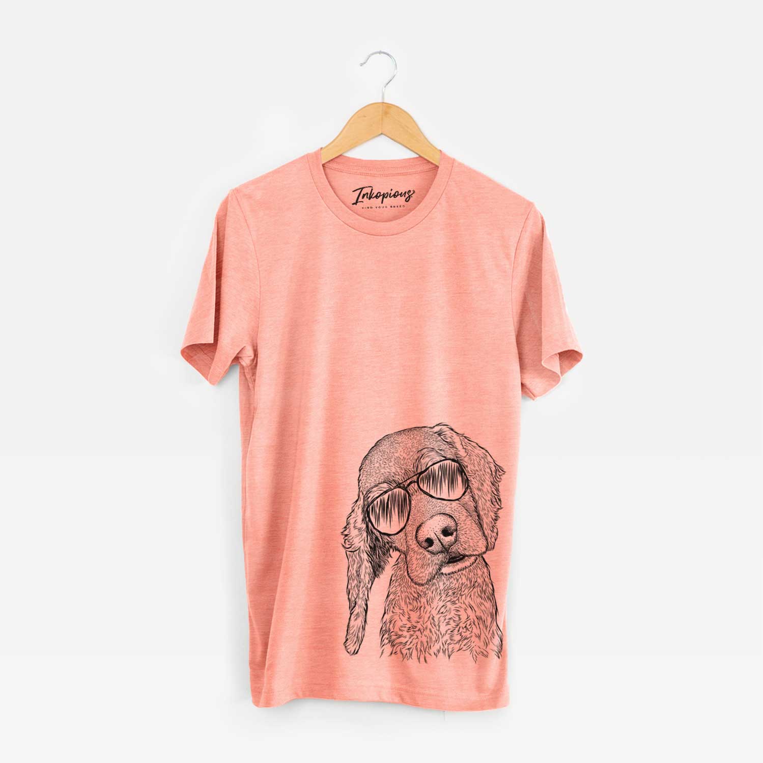 Hand-drawn sketch of Mambo #5 the Cocker Spaniel wearing aviator sunglasses on a Sunset Unisex crewneck