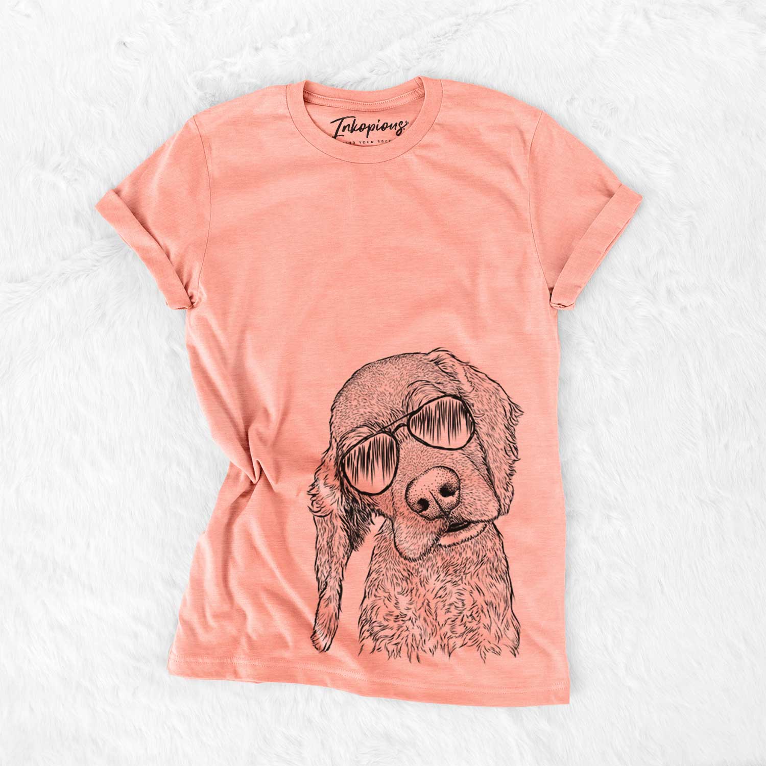 Hand-drawn sketch of Mambo #5 the Cocker Spaniel wearing aviator sunglasses on a Sunset Bella Canvas Unisex Crewneck