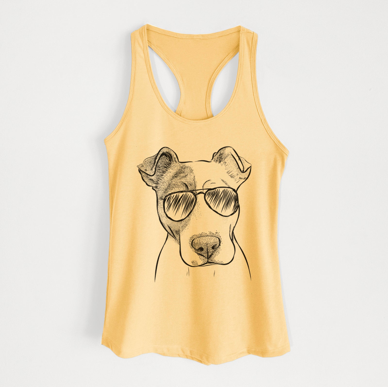 Hand-drawn sketch of Manchi the Pitbull Mix wearing aviator sunglasses on a Banana Cream Women's racerback tanktop