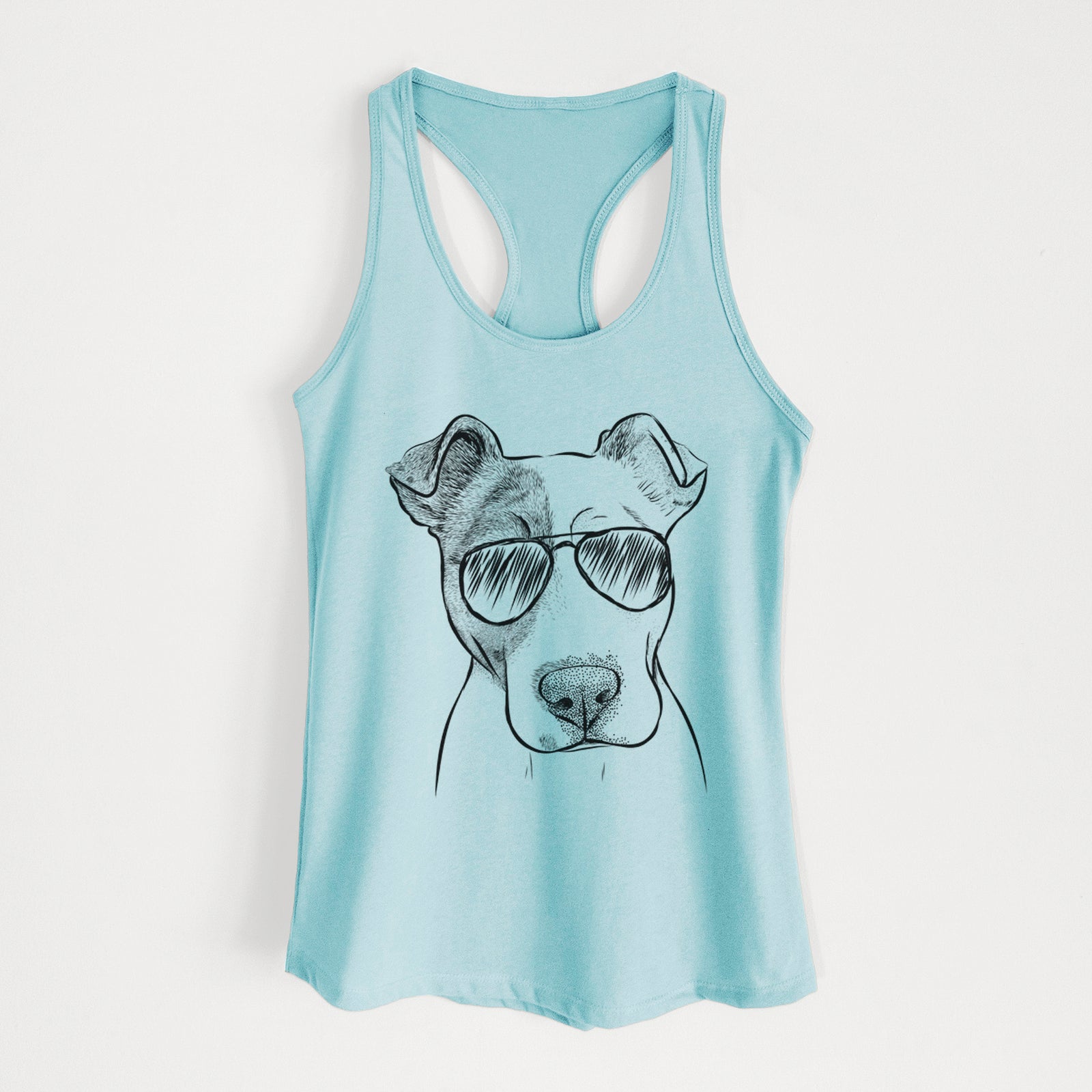 Hand-drawn sketch of Manchi the Pitbull Mix wearing aviator sunglasses on a Cancun Blue Women's racerback tanktop