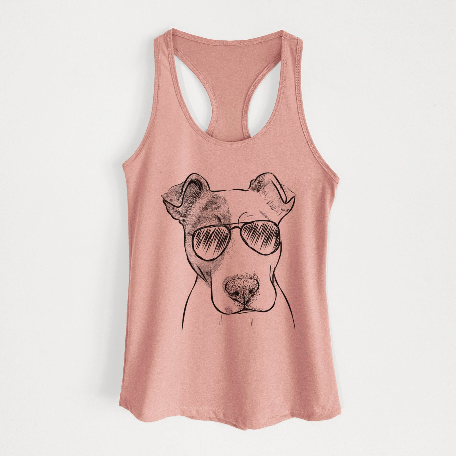 Hand-drawn sketch of Manchi the Pitbull Mix wearing aviator sunglasses on a Desert Pink Women's racerback tanktop