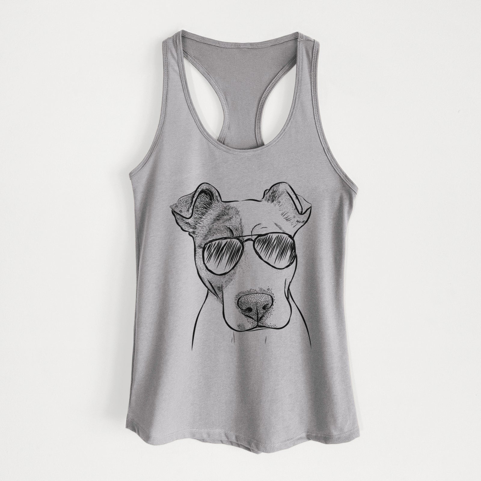 Hand-drawn sketch of Manchi the Pitbull Mix wearing aviator sunglasses on a Heather Grey Women's racerback tanktop