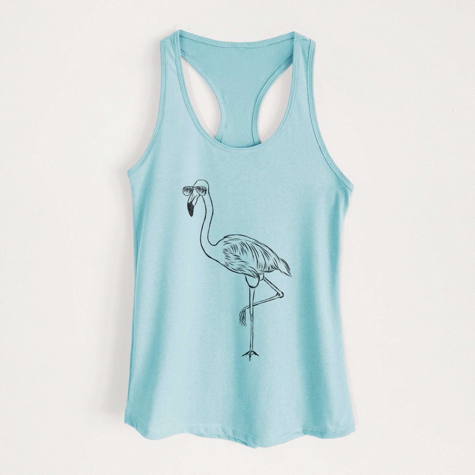 Hand-drawn sketch of Mango the Flamingo wearing aviator sunglasses on a Cancun Blue Women's racerback tanktop