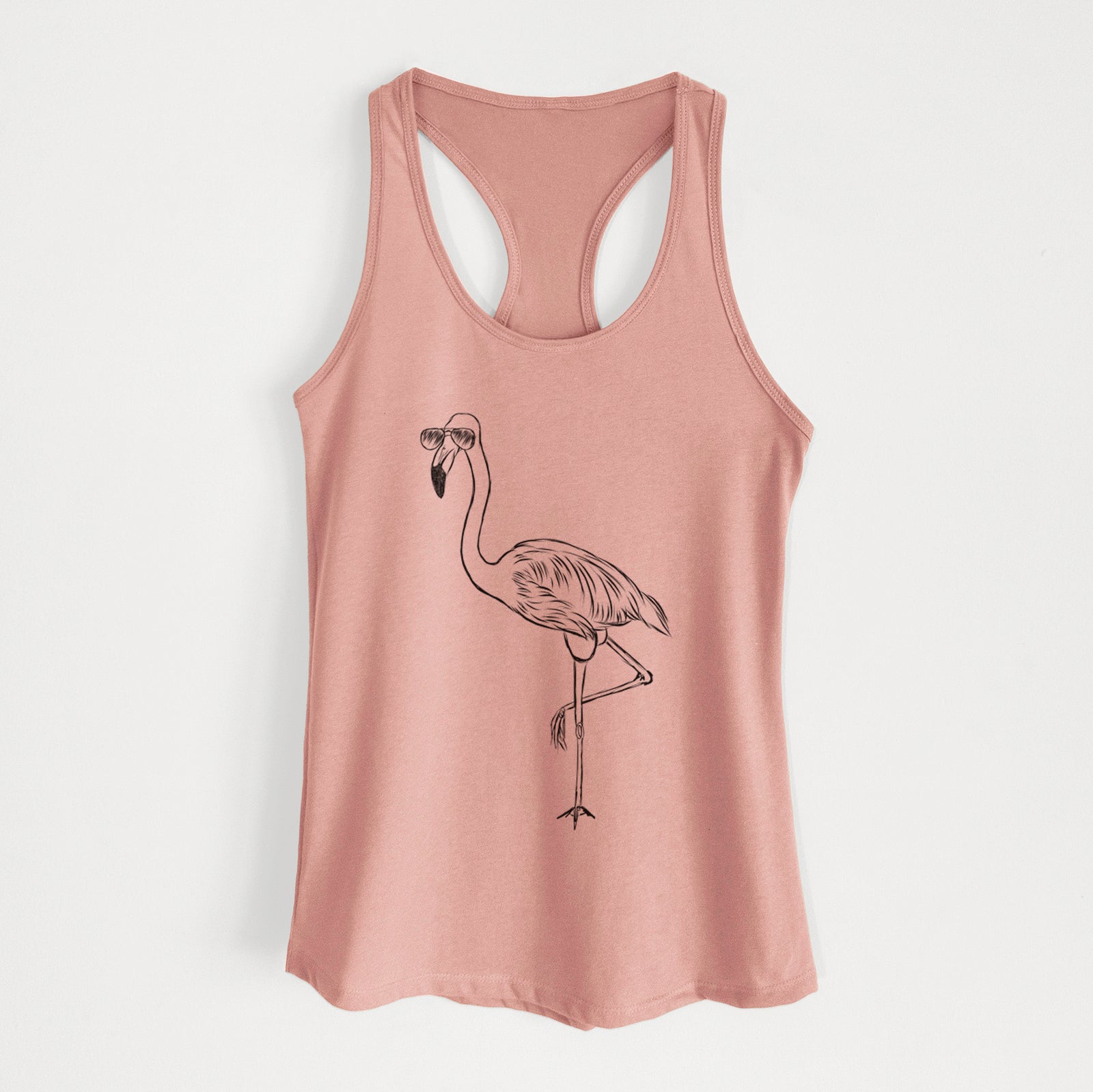 Hand-drawn sketch of Mango the Flamingo wearing aviator sunglasses on a Desert Pink Women's racerback tanktop