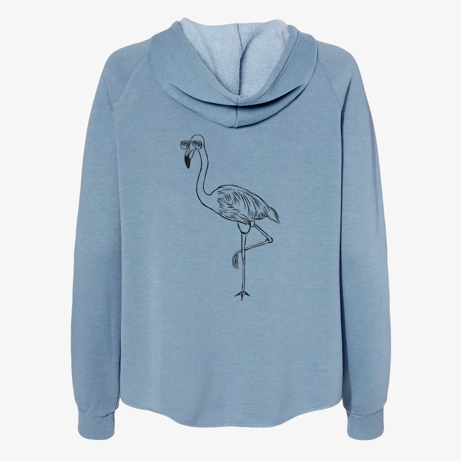 Hand-drawn sketch of Mango the Flamingo wearing aviator sunglasses on a Misty Blue Women's cali wave zip-up sweatshirt