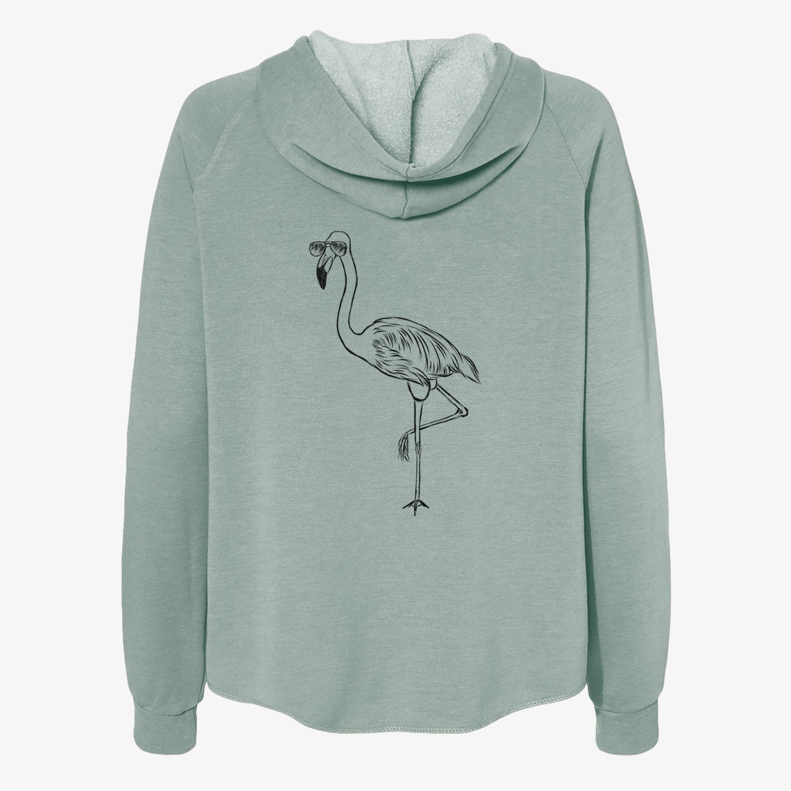 Hand-drawn sketch of Mango the Flamingo wearing aviator sunglasses on a Sage Women's cali wave zip-up sweatshirt