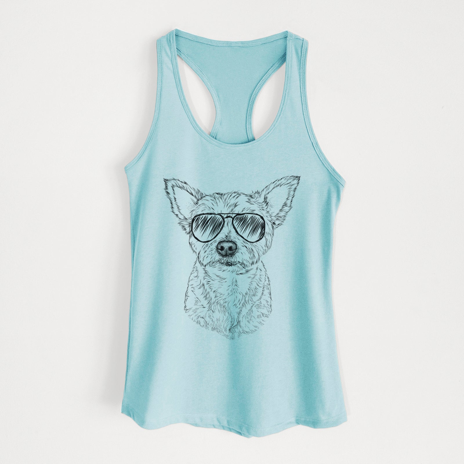 Hand-drawn sketch of Mango the Yorker Cairn Terrier Mix wearing aviator sunglasses on a Cancun Blue Women's racerback tanktop