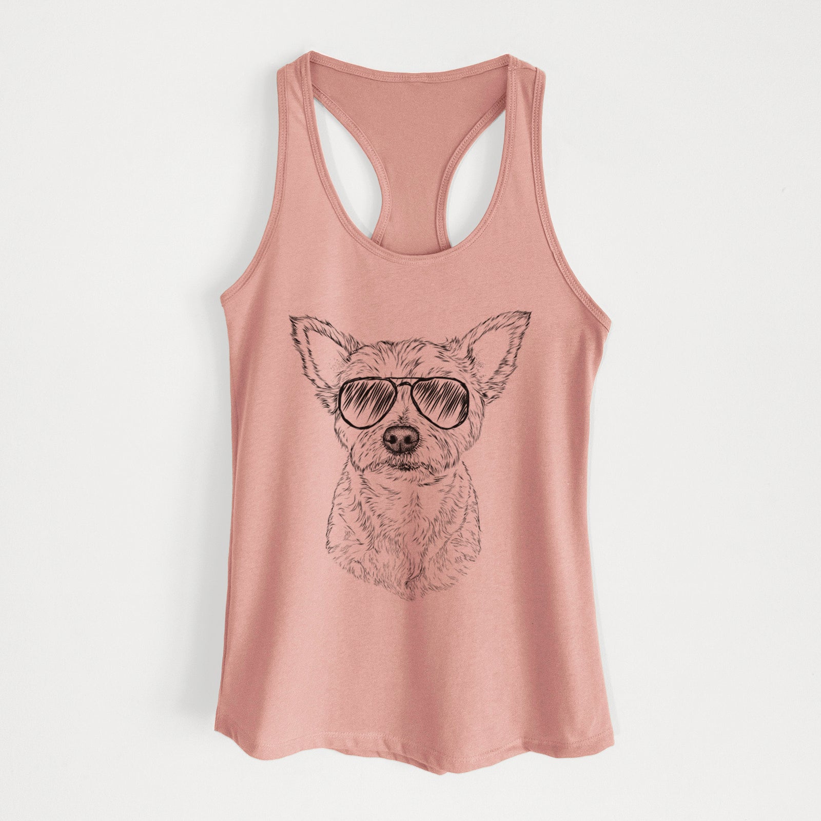 Hand-drawn sketch of Mango the Yorker Cairn Terrier Mix wearing aviator sunglasses on a Desert Pink Women's racerback tanktop