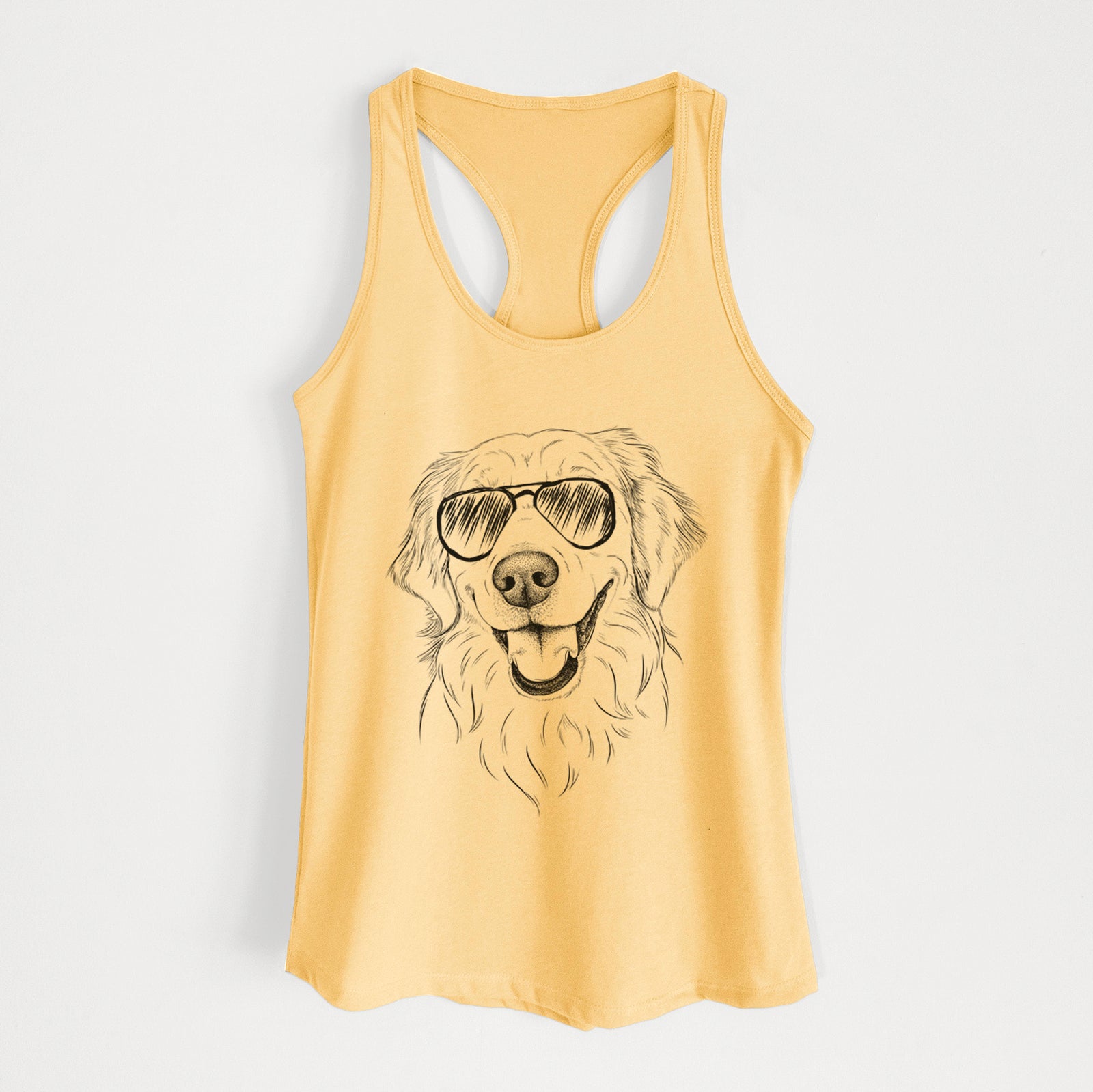Hand-drawn sketch of Maple the Golden Retriever wearing aviator sunglasses on a Banana Cream Women's racerback tanktop
