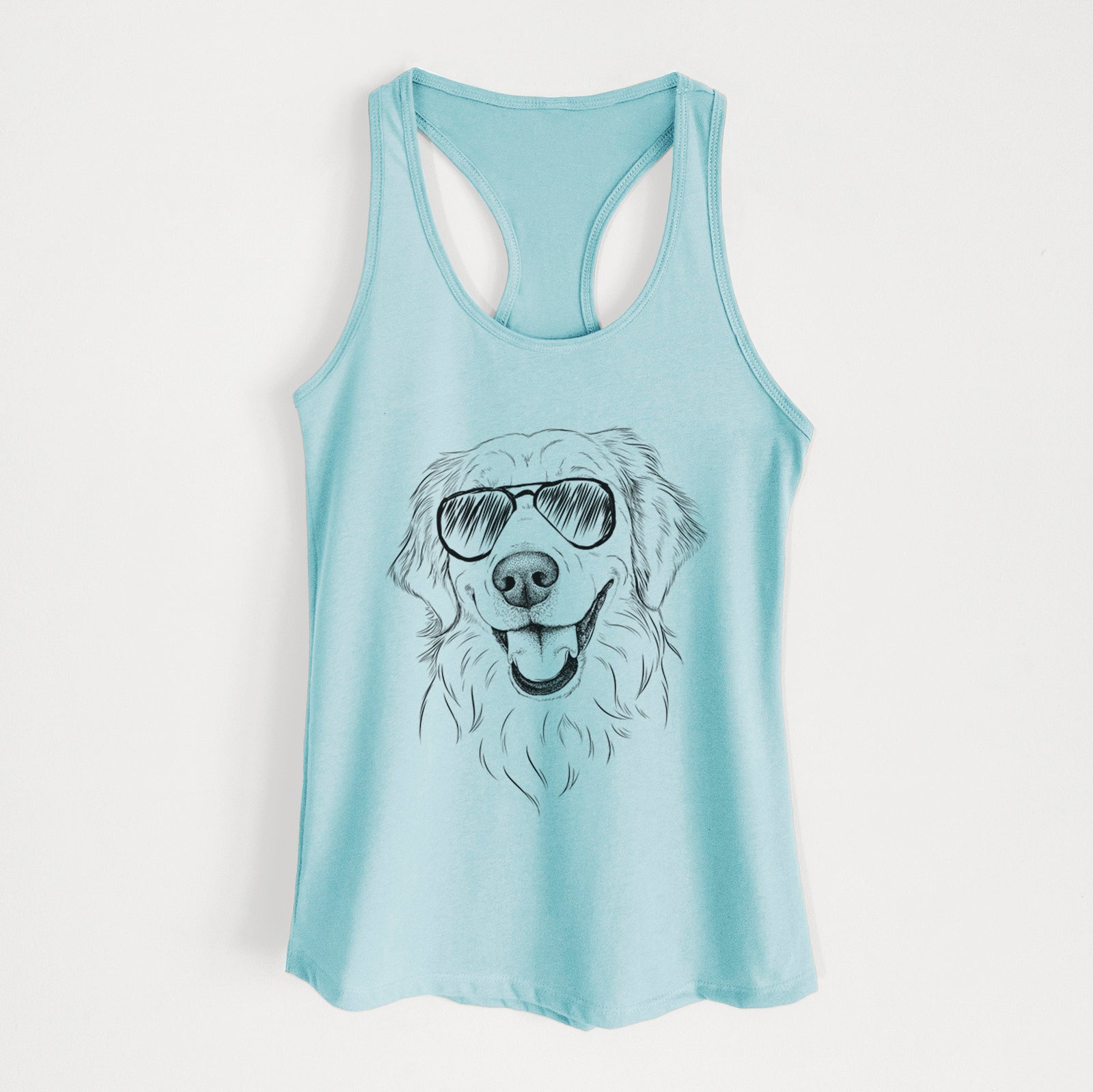 Hand-drawn sketch of Maple the Golden Retriever wearing aviator sunglasses on a Cancun Blue Women's racerback tanktop
