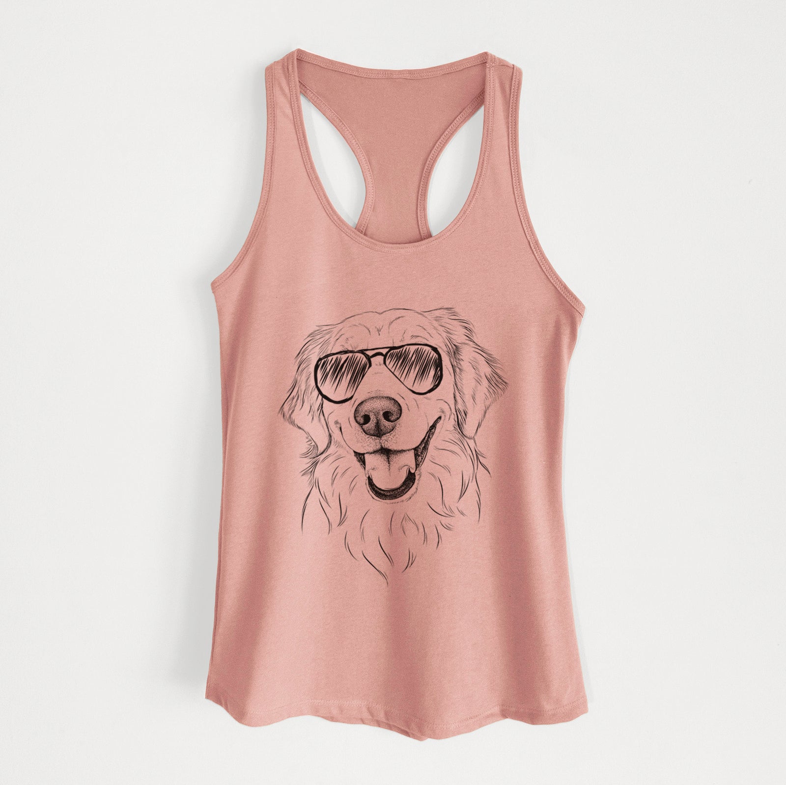 Hand-drawn sketch of Maple the Golden Retriever wearing aviator sunglasses on a Desert Pink Women's racerback tanktop