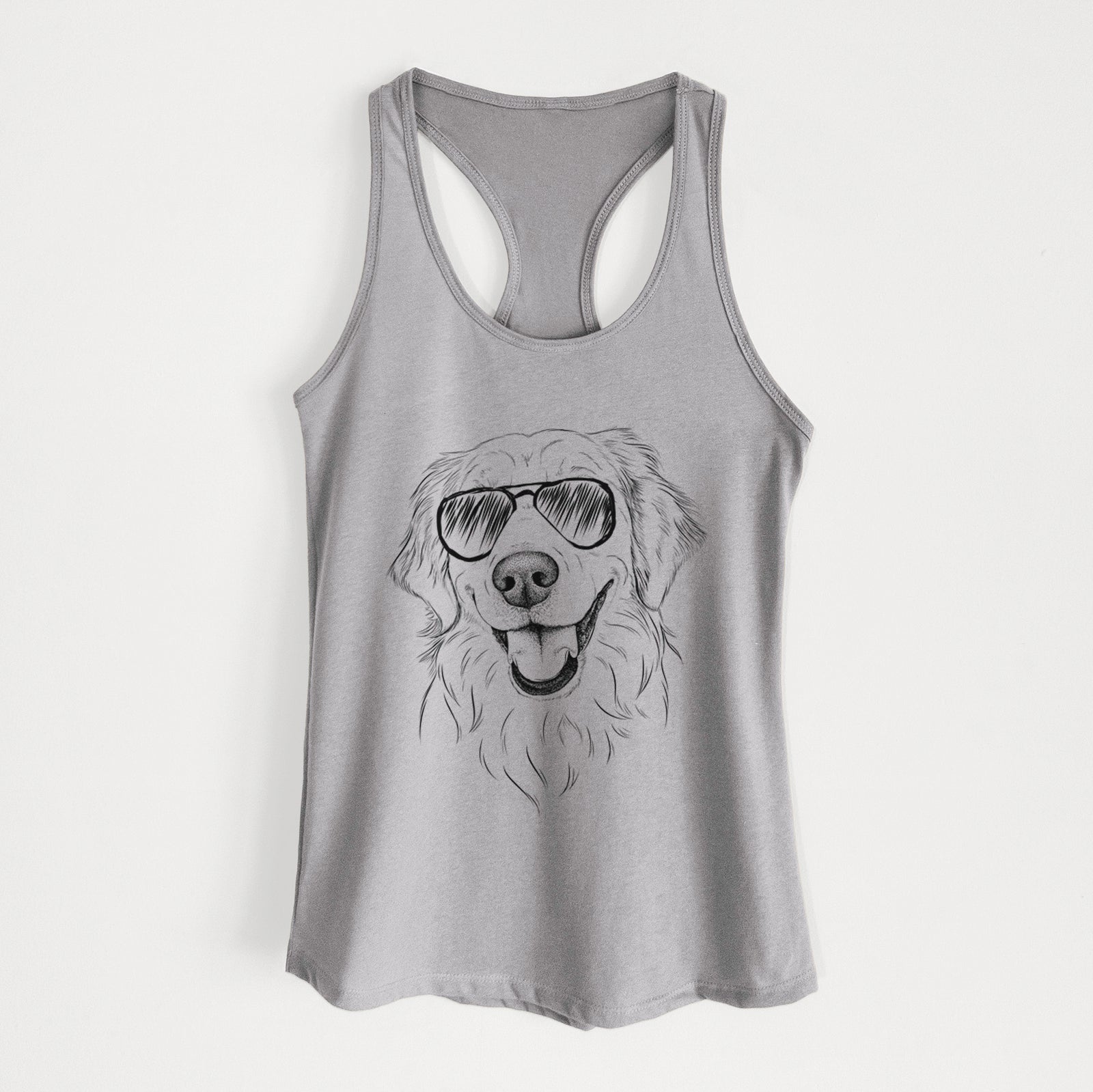 Hand-drawn sketch of Maple the Golden Retriever wearing aviator sunglasses on a Heather Grey Women's racerback tanktop